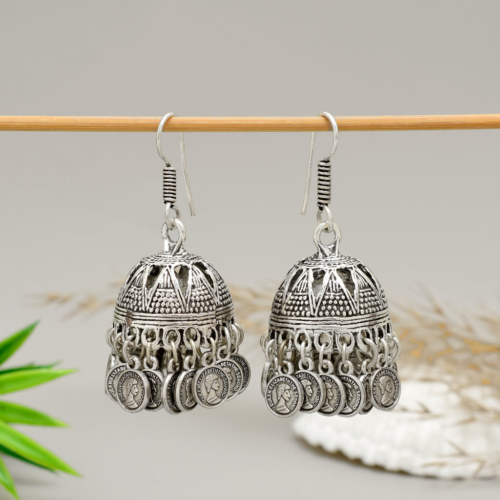 Oxidised Silver-Toned Queen Elizabeth Coin Jhumka Earrings – Traditional Artisanal Statement Jewelry