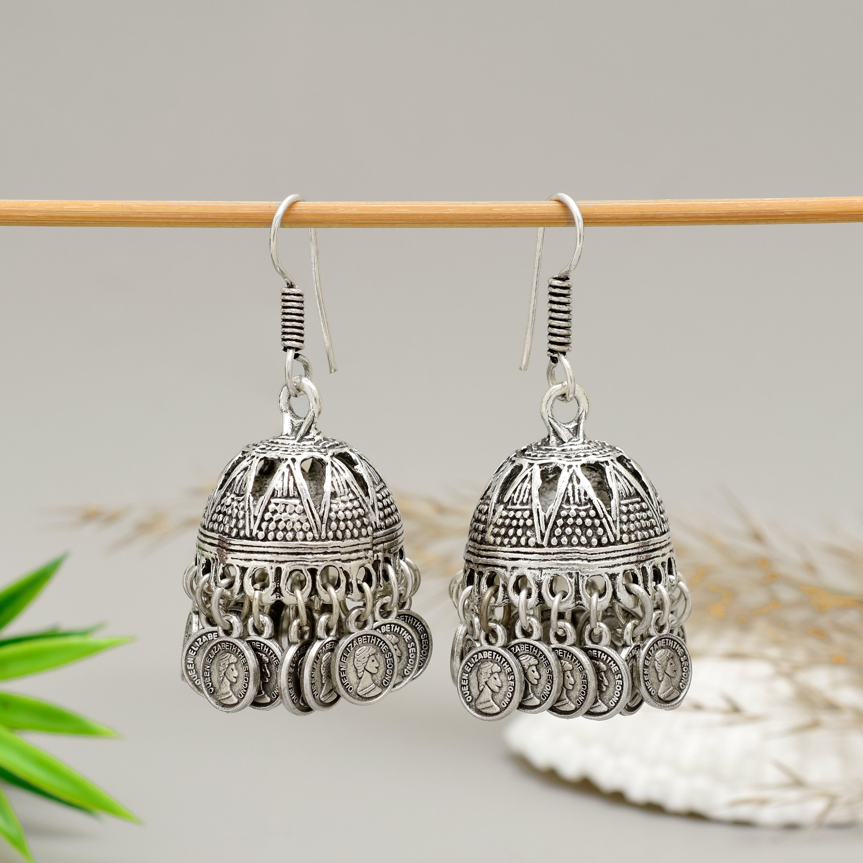 Oxidised Silver-Toned Queen Elizabeth Coin Jhumka Earrings – Traditional Artisanal Statement Jewelry