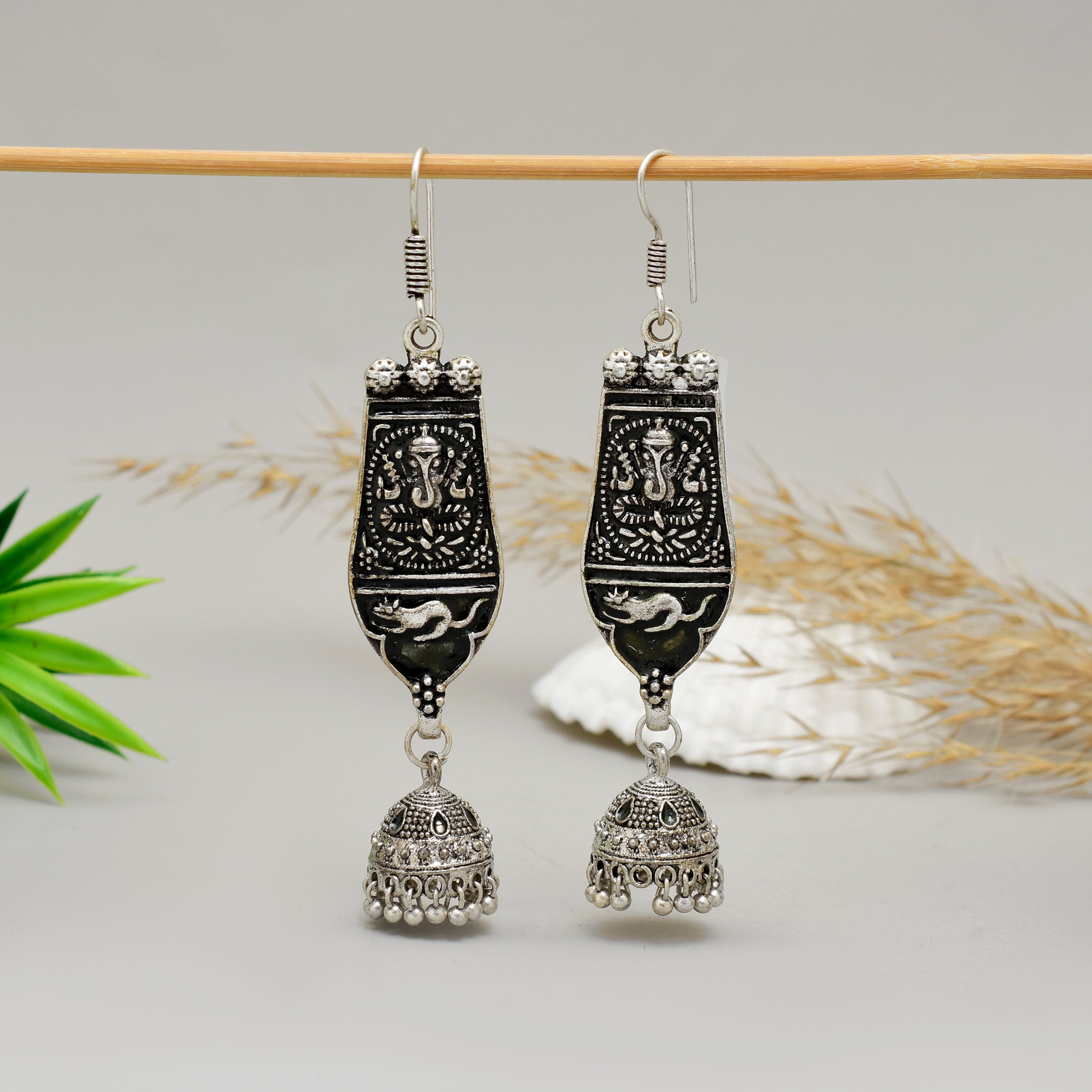 Traditional Oxidised Silver-Plated Ganesha & Mouse Motif Multi-Tier Jhumka Earrings  Handcrafted Artisanal Statement Jewelry for Festivals and Ethnic Wear