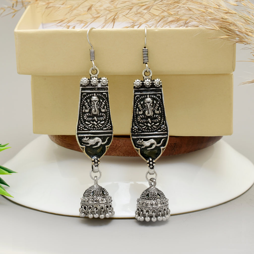 Traditional Oxidised Silver-Plated Ganesha & Mouse Motif Multi-Tier Jhumka Earrings  Handcrafted Artisanal Statement Jewelry for Festivals and Ethnic Wear