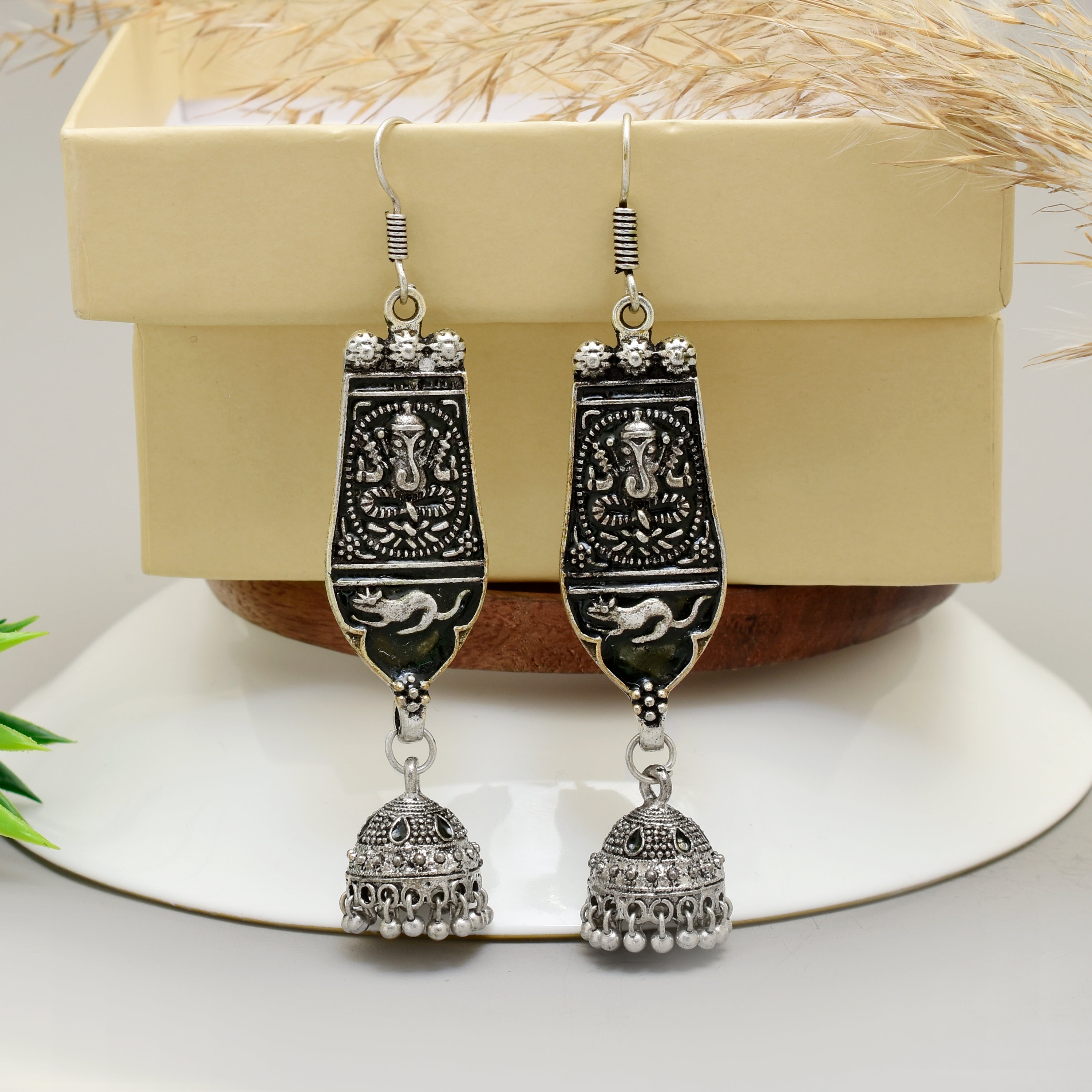 Traditional Oxidised Silver-Plated Ganesha & Mouse Motif Multi-Tier Jhumka Earrings  Handcrafted Artisanal Statement Jewelry for Festivals and Ethnic Wear