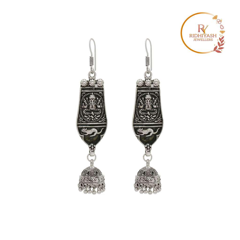 Traditional Oxidised Silver-Plated Ganesha & Mouse Motif Multi-Tier Jhumka Earrings  Handcrafted Artisanal Statement Jewelry for Festivals and Ethnic Wear