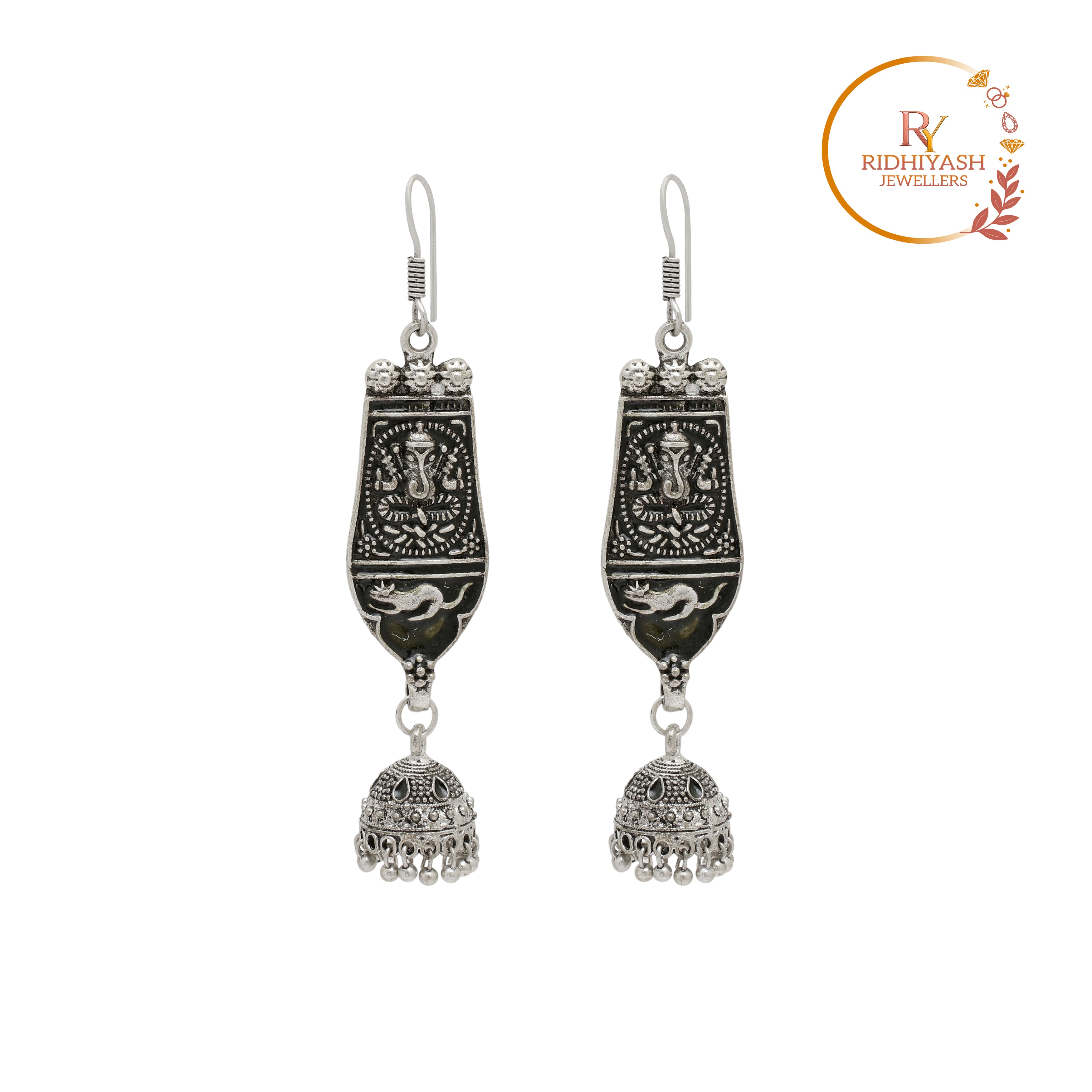 Traditional Oxidised Silver-Plated Ganesha & Mouse Motif Multi-Tier Jhumka Earrings  Handcrafted Artisanal Statement Jewelry for Festivals and Ethnic Wear