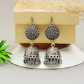 Traditional Oxidised Silver Coin Jhumka Earrings with Sun-Motif Connector and Floral Filigree Dome
