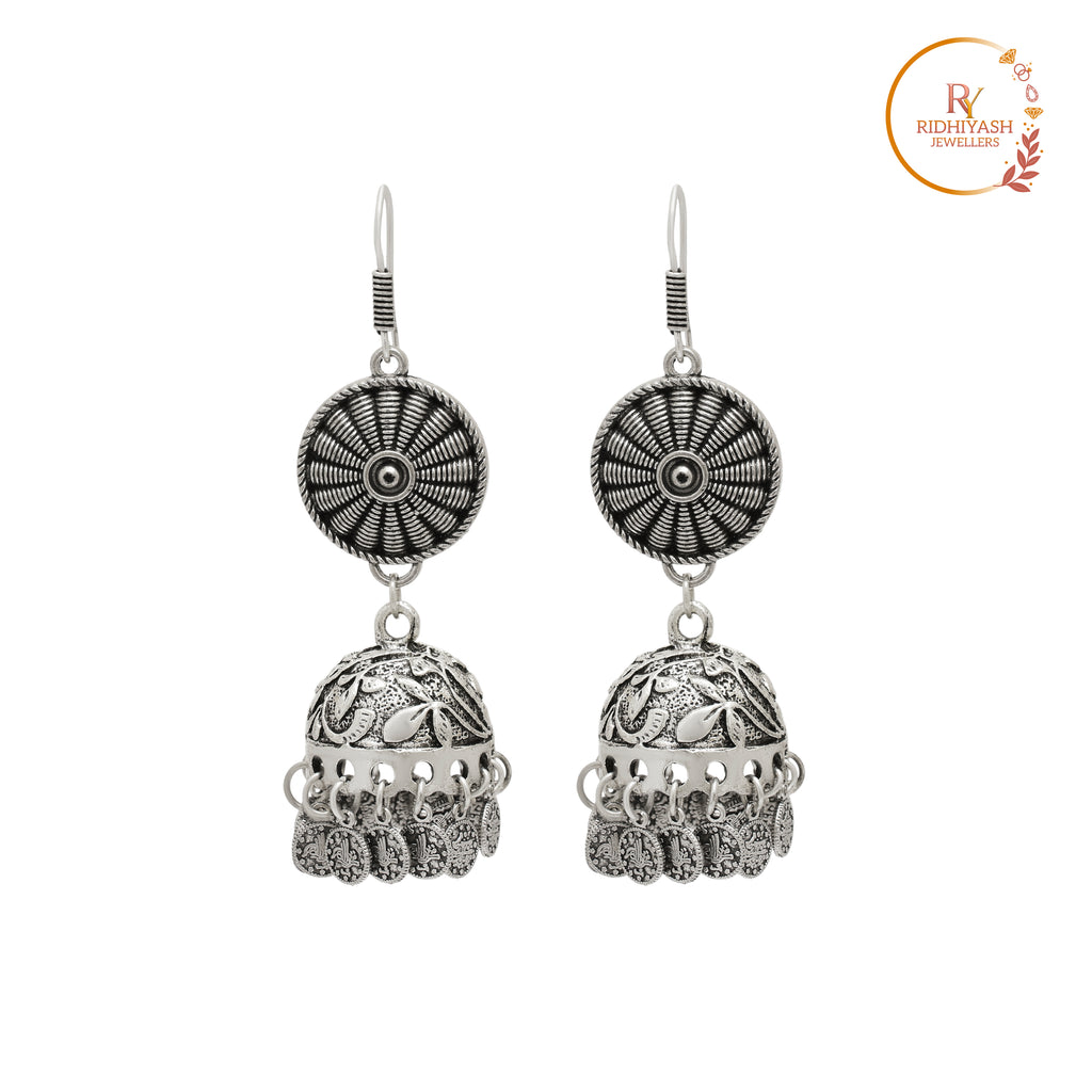 Traditional Oxidised Silver Coin Jhumka Earrings with Sun-Motif Connector and Floral Filigree Dome