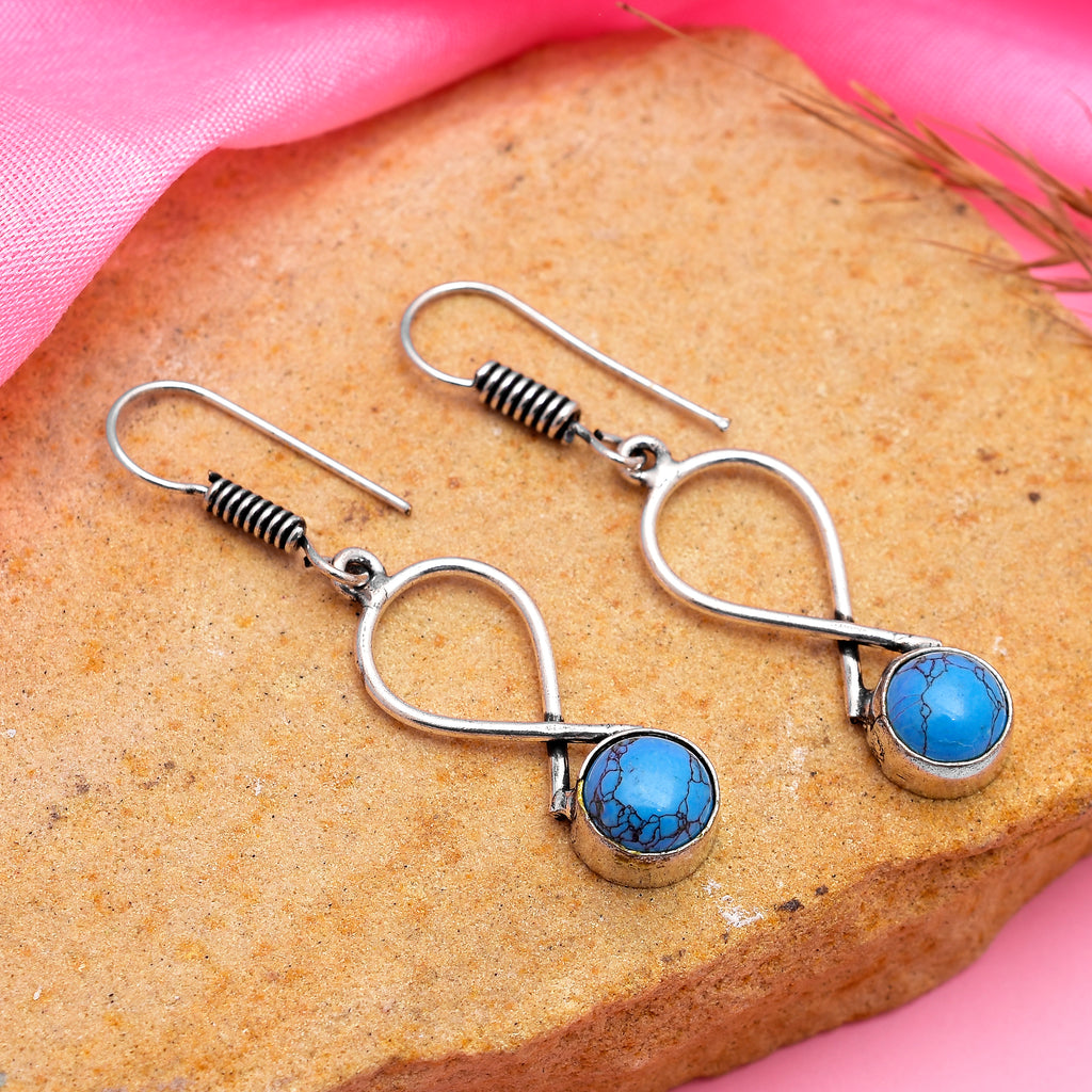 Handmade Blue Stone Oxidised Drop Earrings for Women & Girls | Boho Ethnic Dangle Earrings | Lightweight Fashion Jewelry