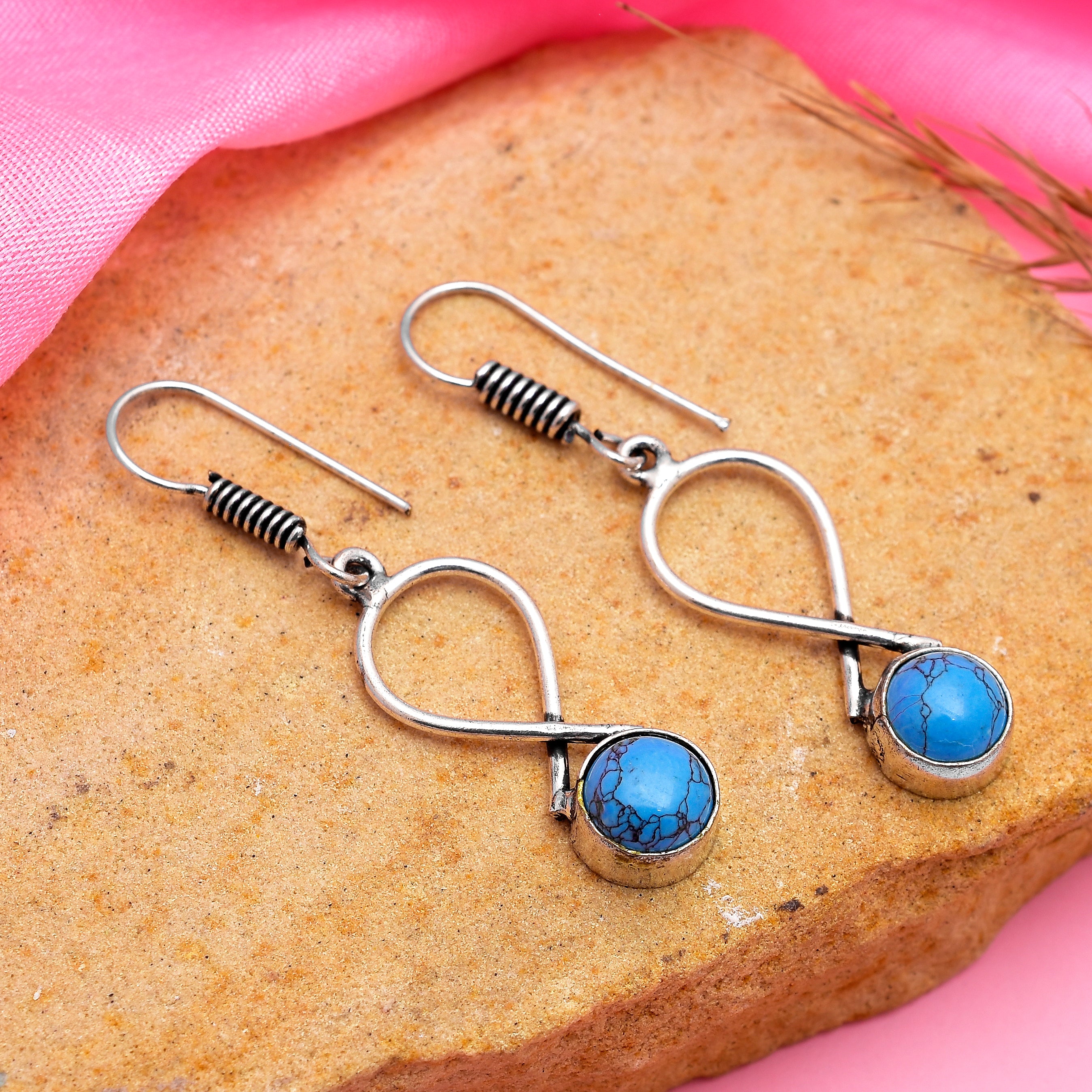 Handmade Blue Stone Oxidised Drop Earrings for Women & Girls | Boho Ethnic Dangle Earrings | Lightweight Fashion Jewelry