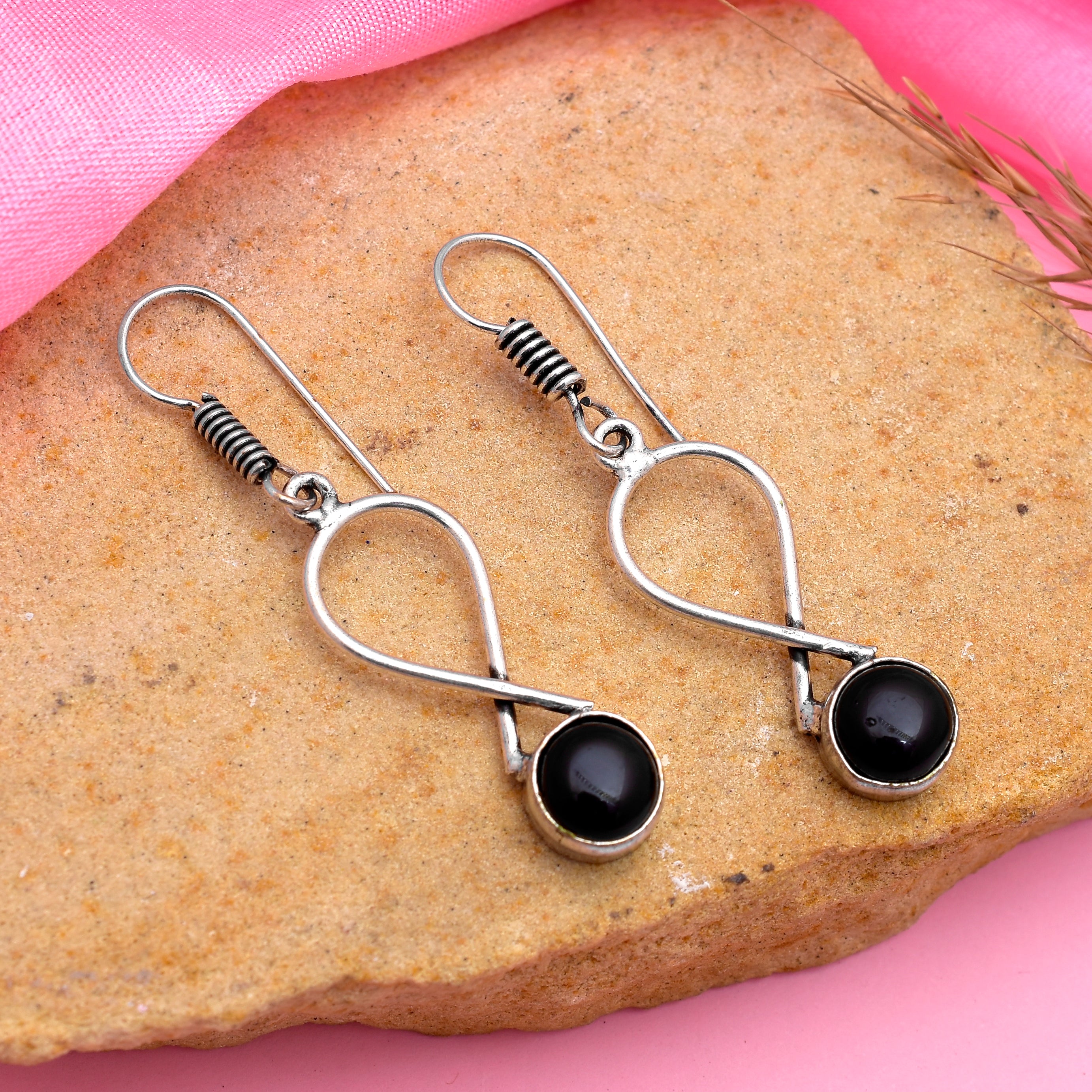 Handmade Black Stone Oxidised Drop Earrings for Women & Girls | Boho Ethnic Dangle Earrings | Lightweight Fashion Jewelry