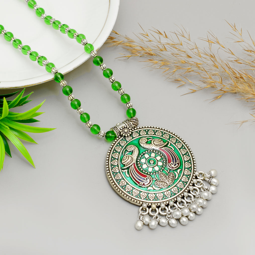 Exquisite Handcrafted Oxidised Silver Peacock Circular Pendant Necklace with Vibrant Green Meenakari Work and Matching Beaded Chain