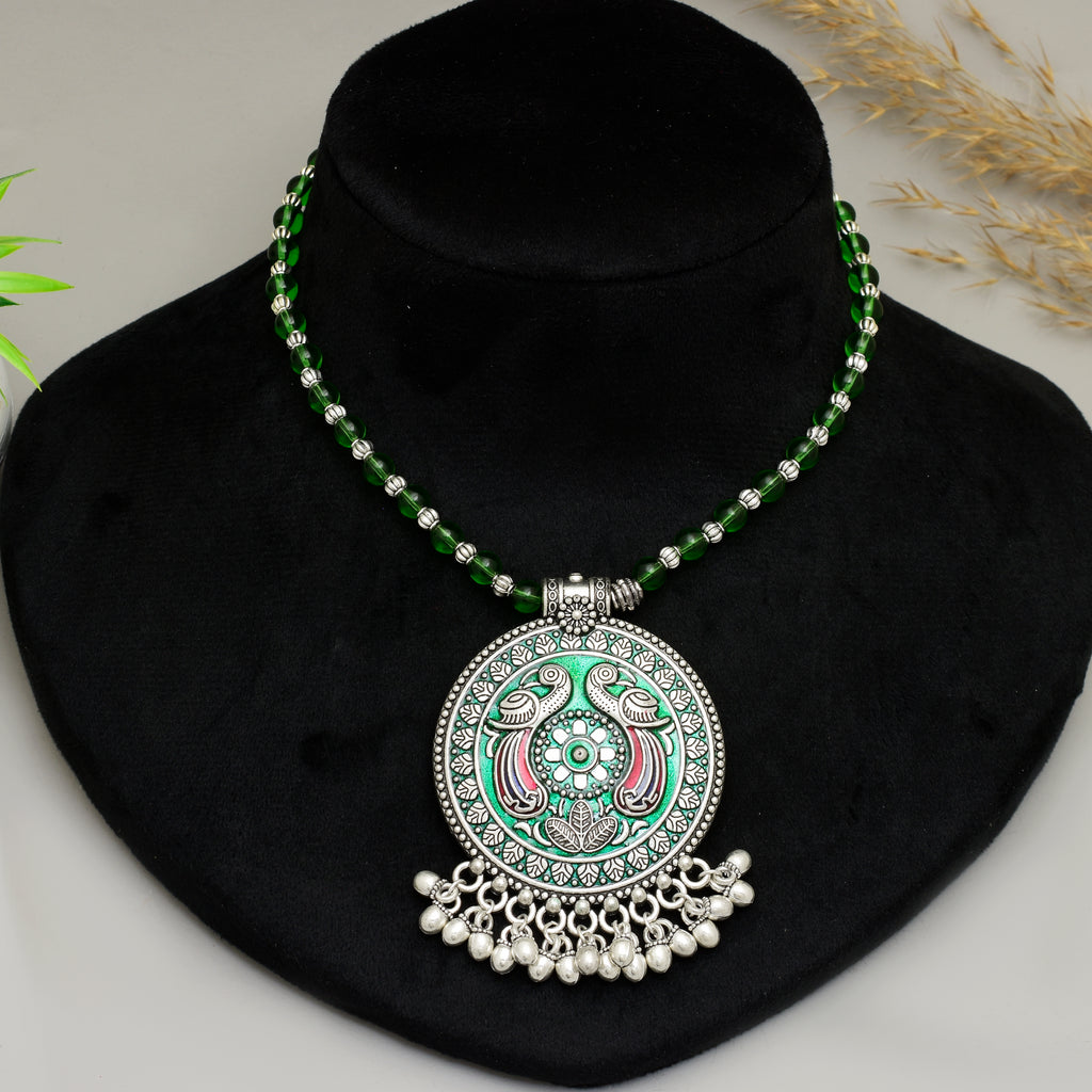 Exquisite Handcrafted Oxidised Silver Peacock Circular Pendant Necklace with Vibrant Green Meenakari Work and Matching Beaded Chain