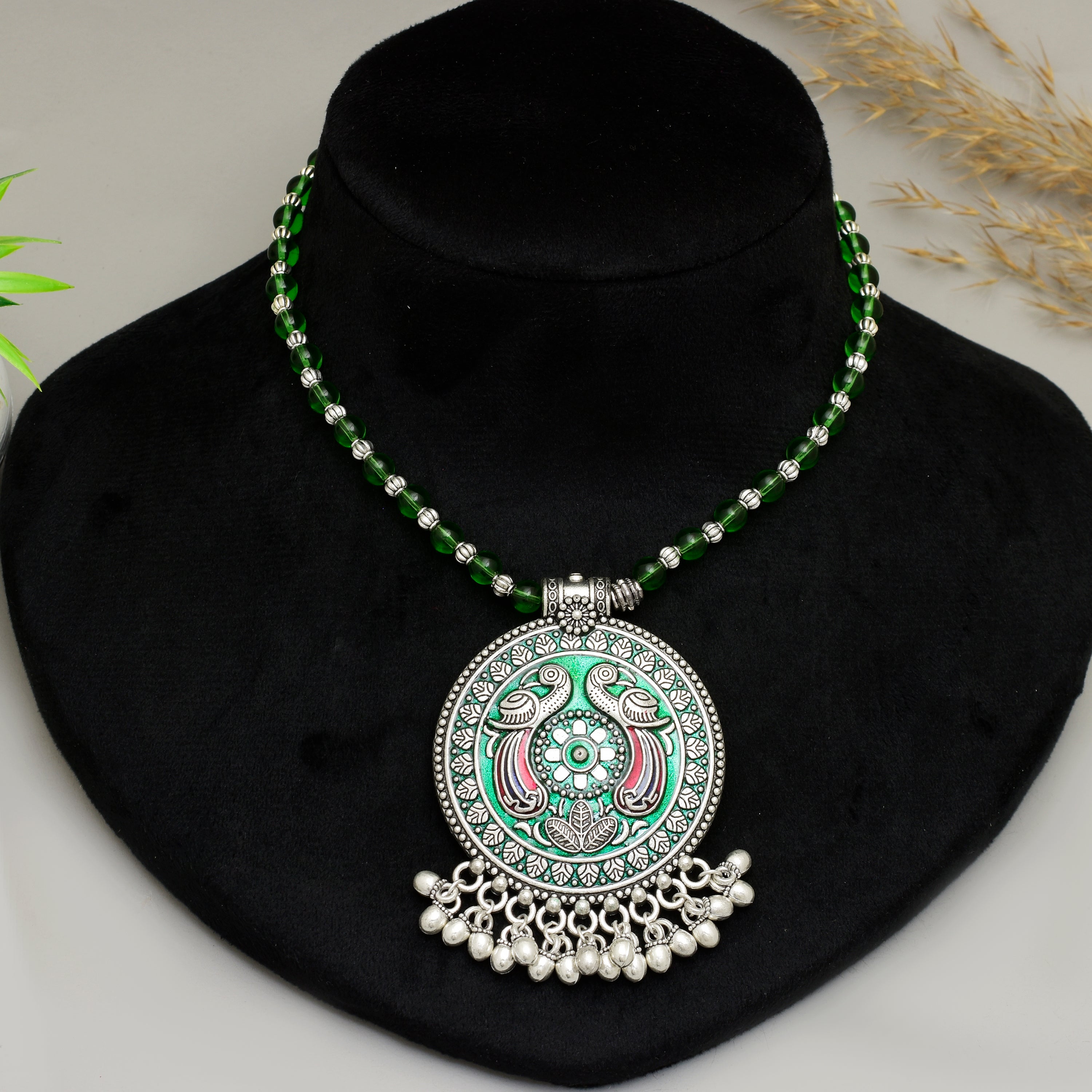 Exquisite Handcrafted Oxidised Silver Peacock Circular Pendant Necklace with Vibrant Green Meenakari Work and Matching Beaded Chain
