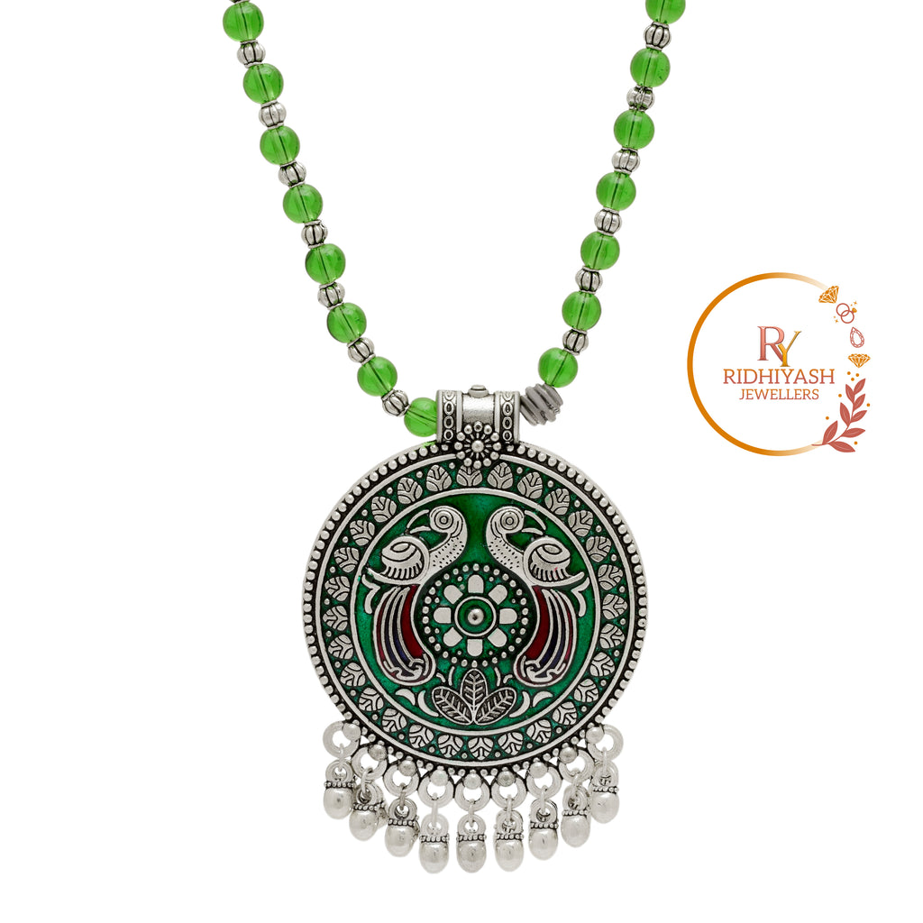 Exquisite Handcrafted Oxidised Silver Peacock Circular Pendant Necklace with Vibrant Green Meenakari Work and Matching Beaded Chain