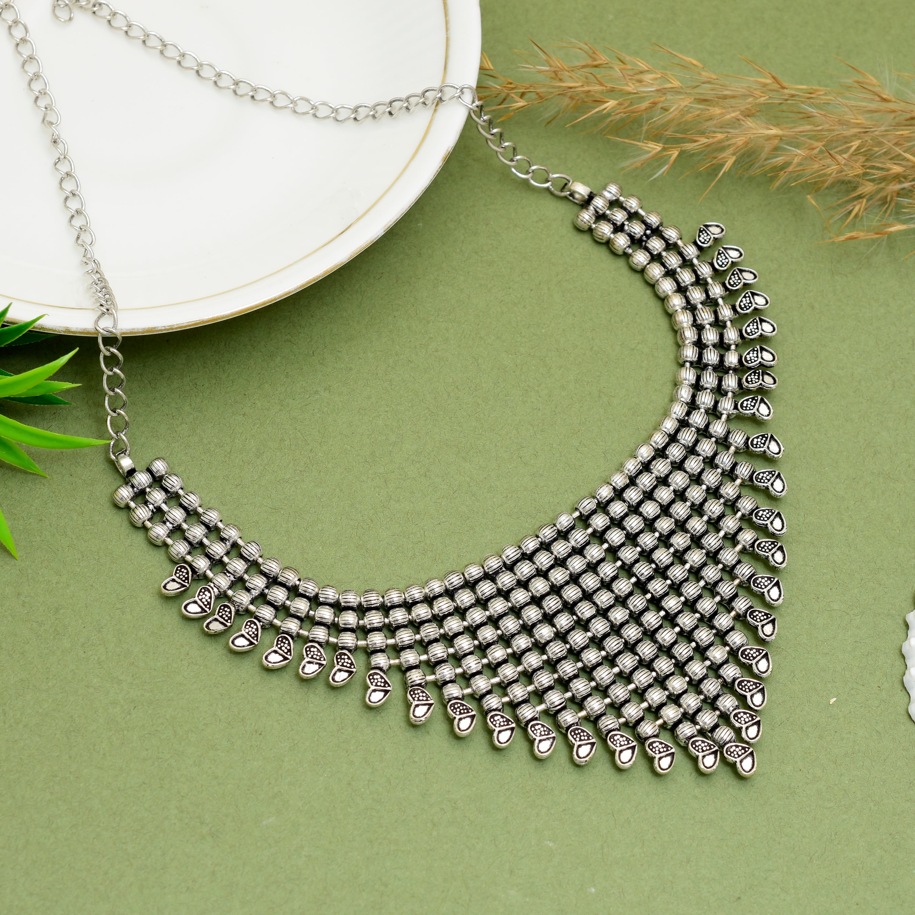 Exquisite Handcrafted Viraasi Oxidised Silver-Toned-Row Beaded Bib Choker Necklace with Engraved Floral Leaf Charms