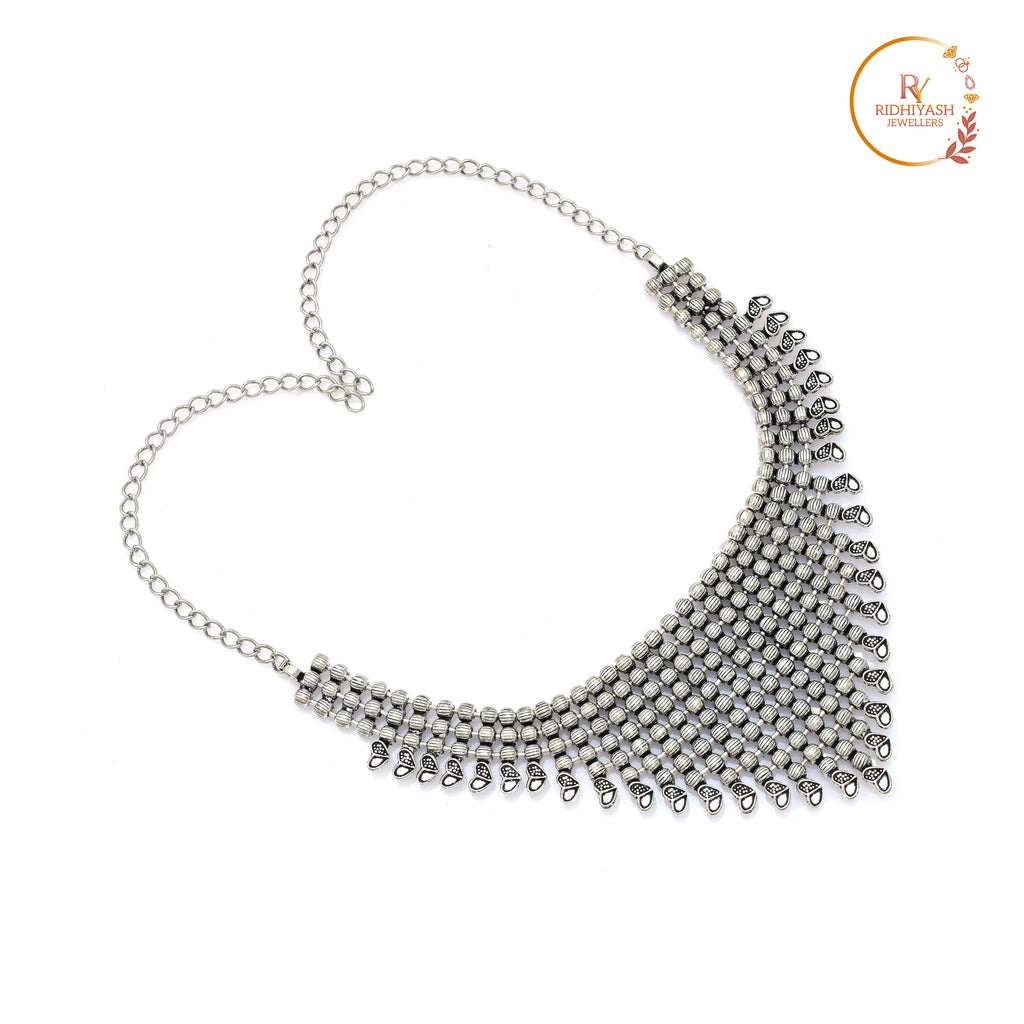 Exquisite Handcrafted Viraasi Oxidised Silver-Toned-Row Beaded Bib Choker Necklace with Engraved Floral Leaf Charms