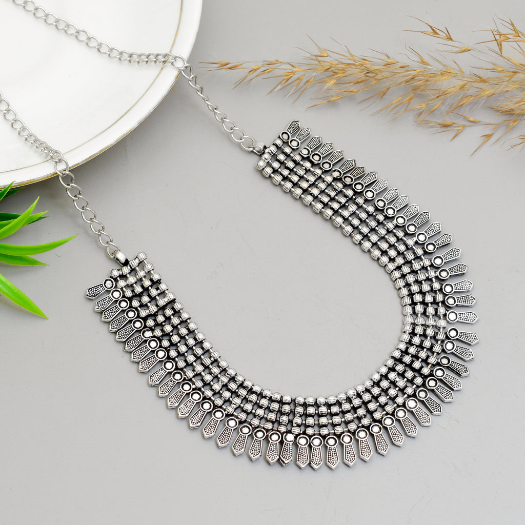 Exquisite Handcrafted Viraasi Oxidised Silver-Toned -Row Beaded Bib Choker Necklace with Engraved Floral Leaf Charms