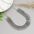 Exquisite Handcrafted Viraasi Oxidised Silver-Toned -Row Beaded Bib Choker Necklace with Engraved Floral Leaf Charms