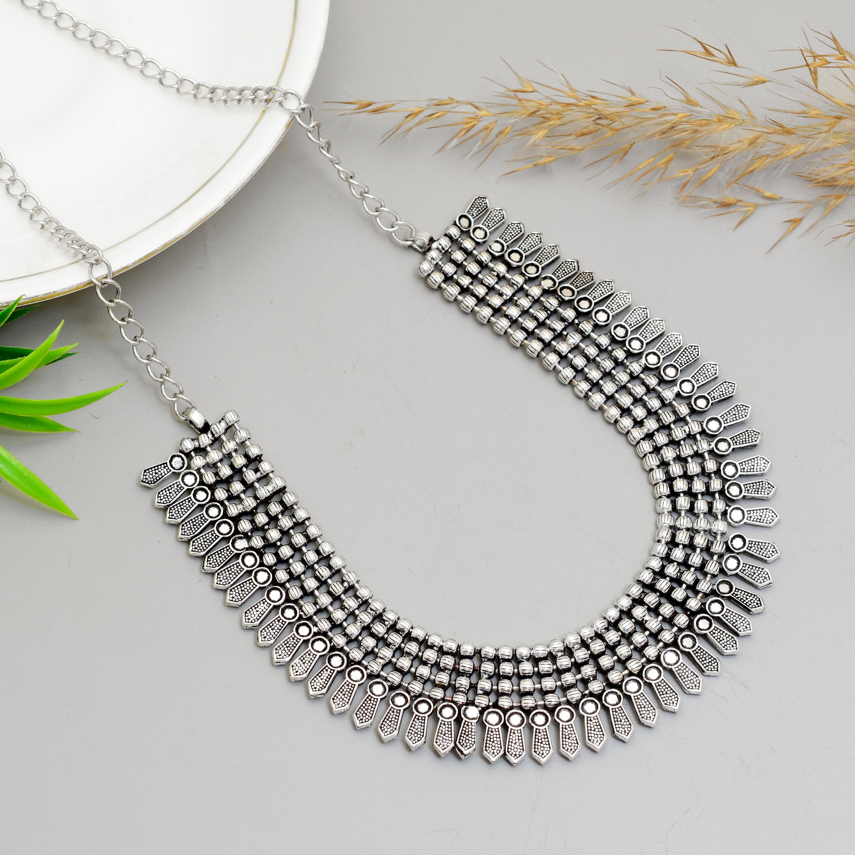 Exquisite Handcrafted Viraasi Oxidised Silver-Toned -Row Beaded Bib Choker Necklace with Engraved Floral Leaf Charms