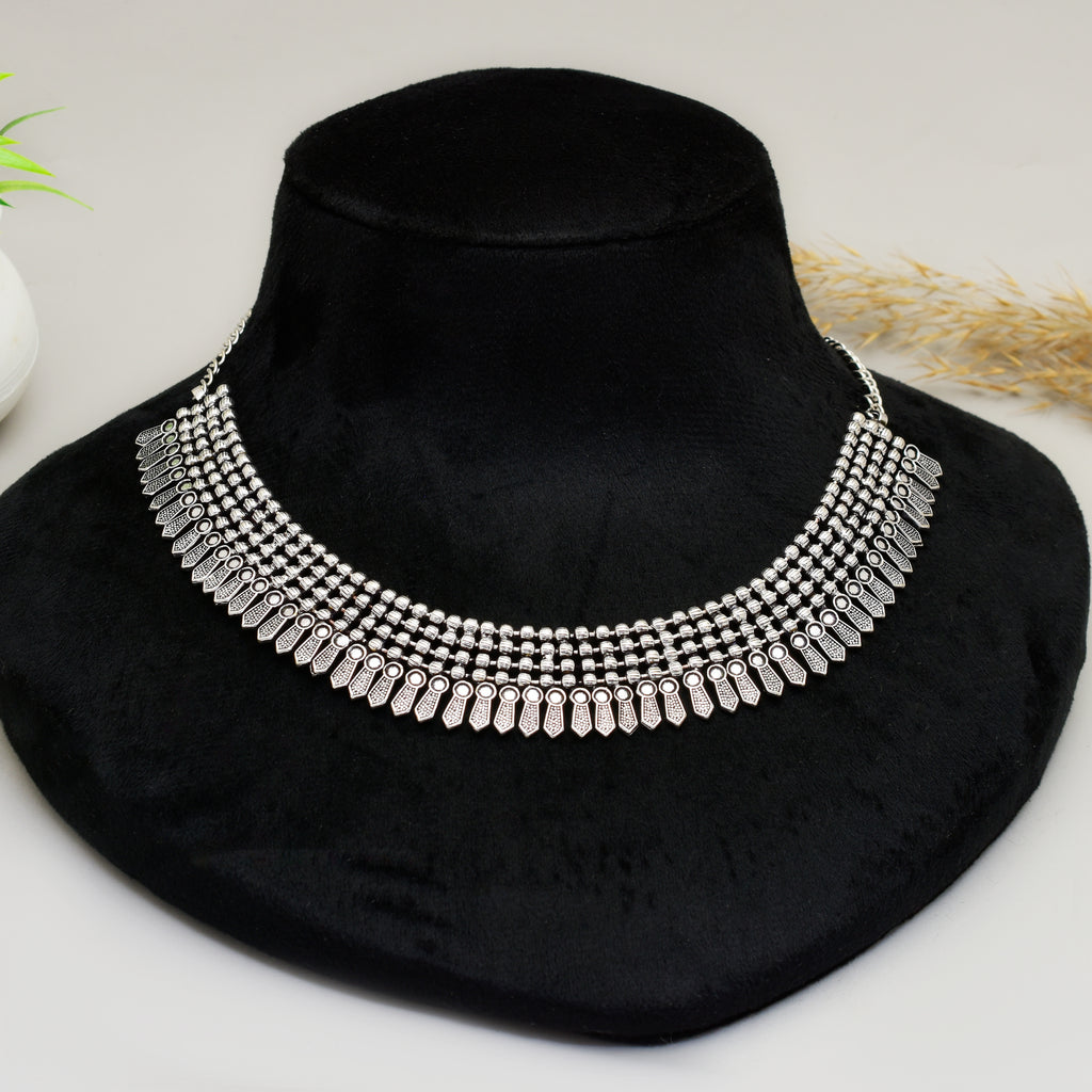Exquisite Handcrafted Viraasi Oxidised Silver-Toned -Row Beaded Bib Choker Necklace with Engraved Floral Leaf Charms