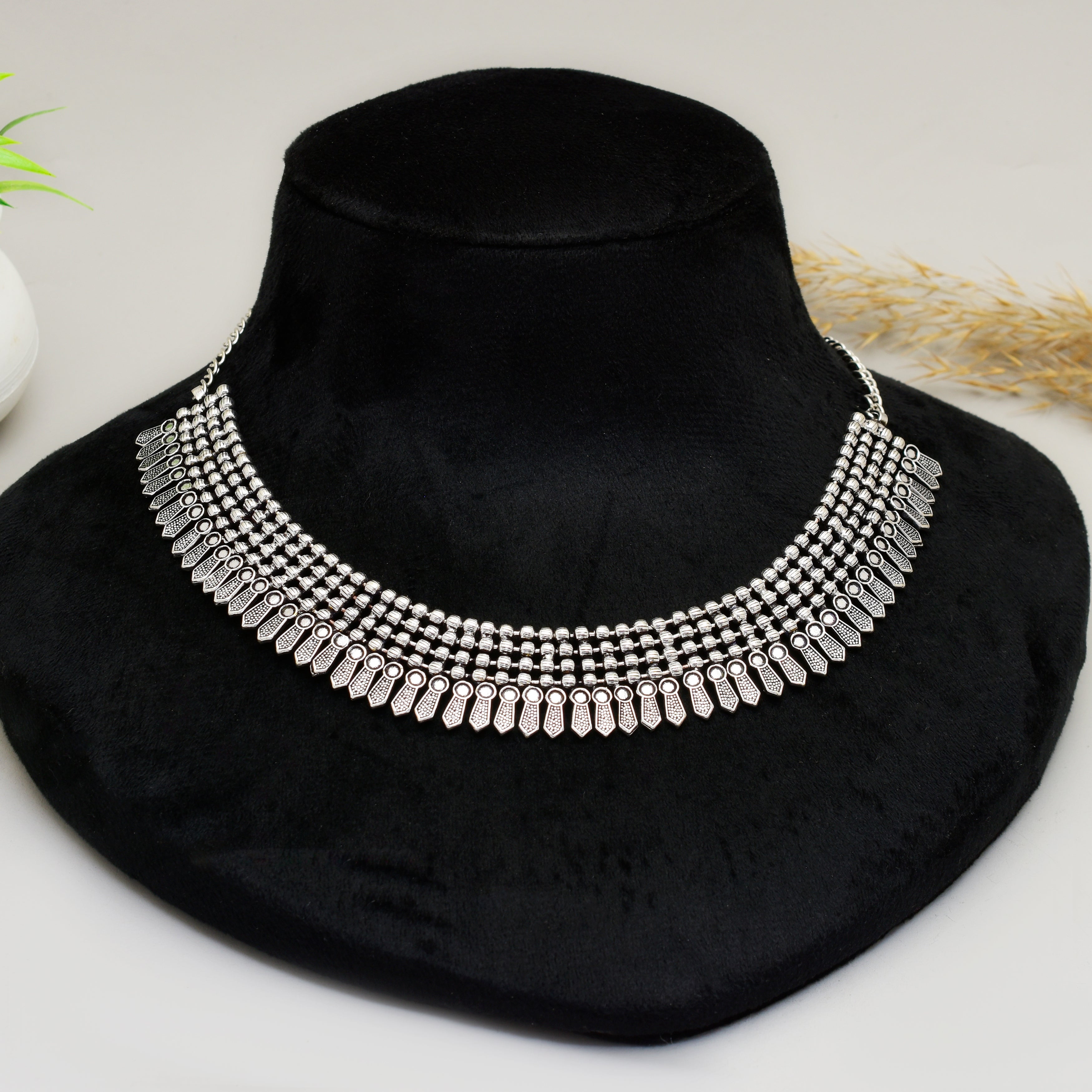 Exquisite Handcrafted Viraasi Oxidised Silver-Toned -Row Beaded Bib Choker Necklace with Engraved Floral Leaf Charms