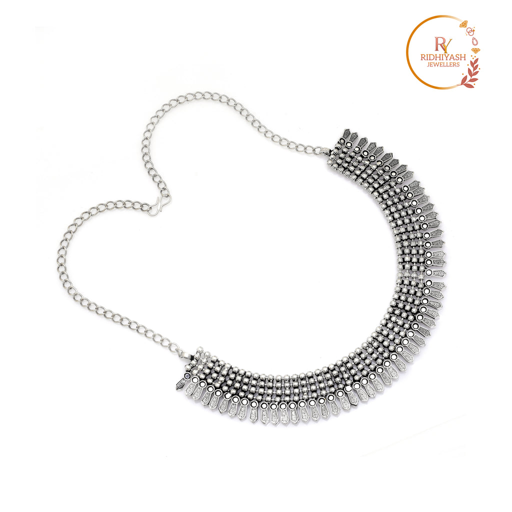 Exquisite Handcrafted Viraasi Oxidised Silver-Toned -Row Beaded Bib Choker Necklace with Engraved Floral Leaf Charms