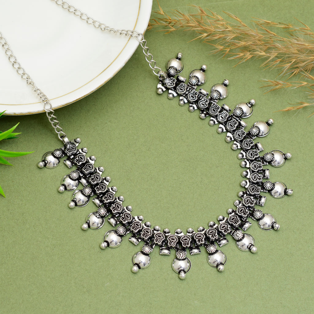Exquisite Handcrafted Oxidised Silver-Toned Floral Charm Choker – Traditional Ethnic Statement Bib Necklace for Women