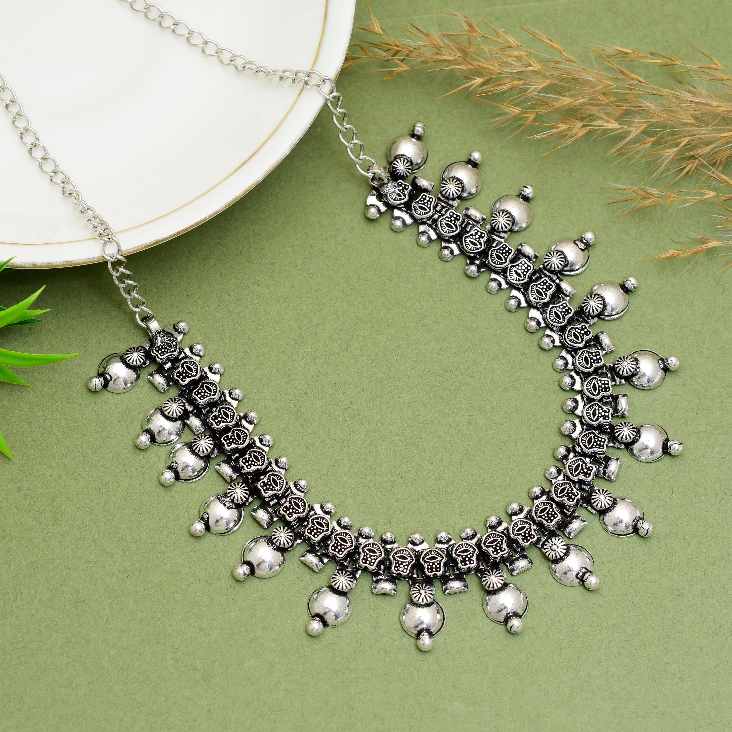 Exquisite Handcrafted Oxidised Silver-Toned Floral Charm Choker – Traditional Ethnic Statement Bib Necklace for Women