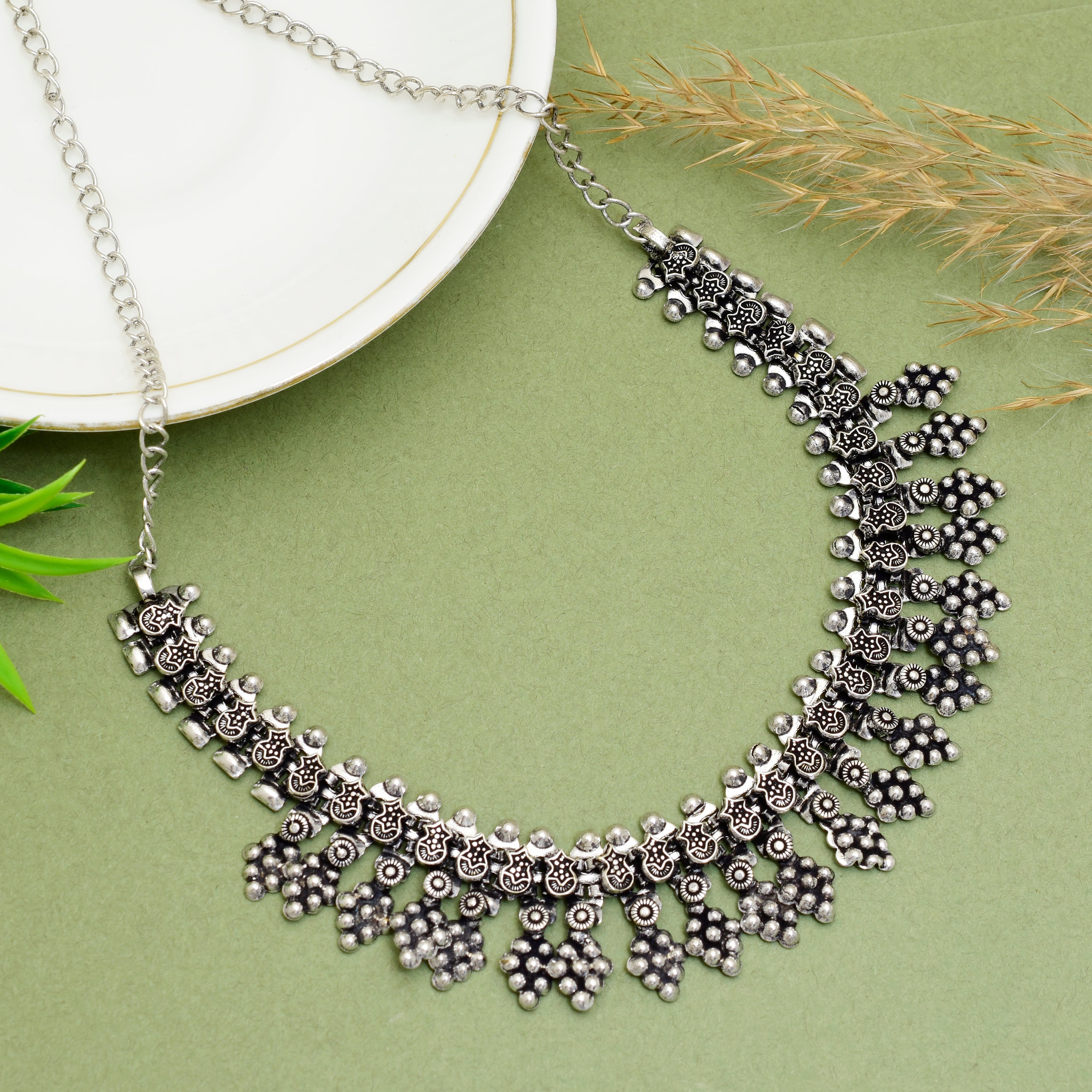 Handcrafted Silver Oxidised Ethnic Choker Necklace with Intricate Floral Motifs and Antique Finish for Women