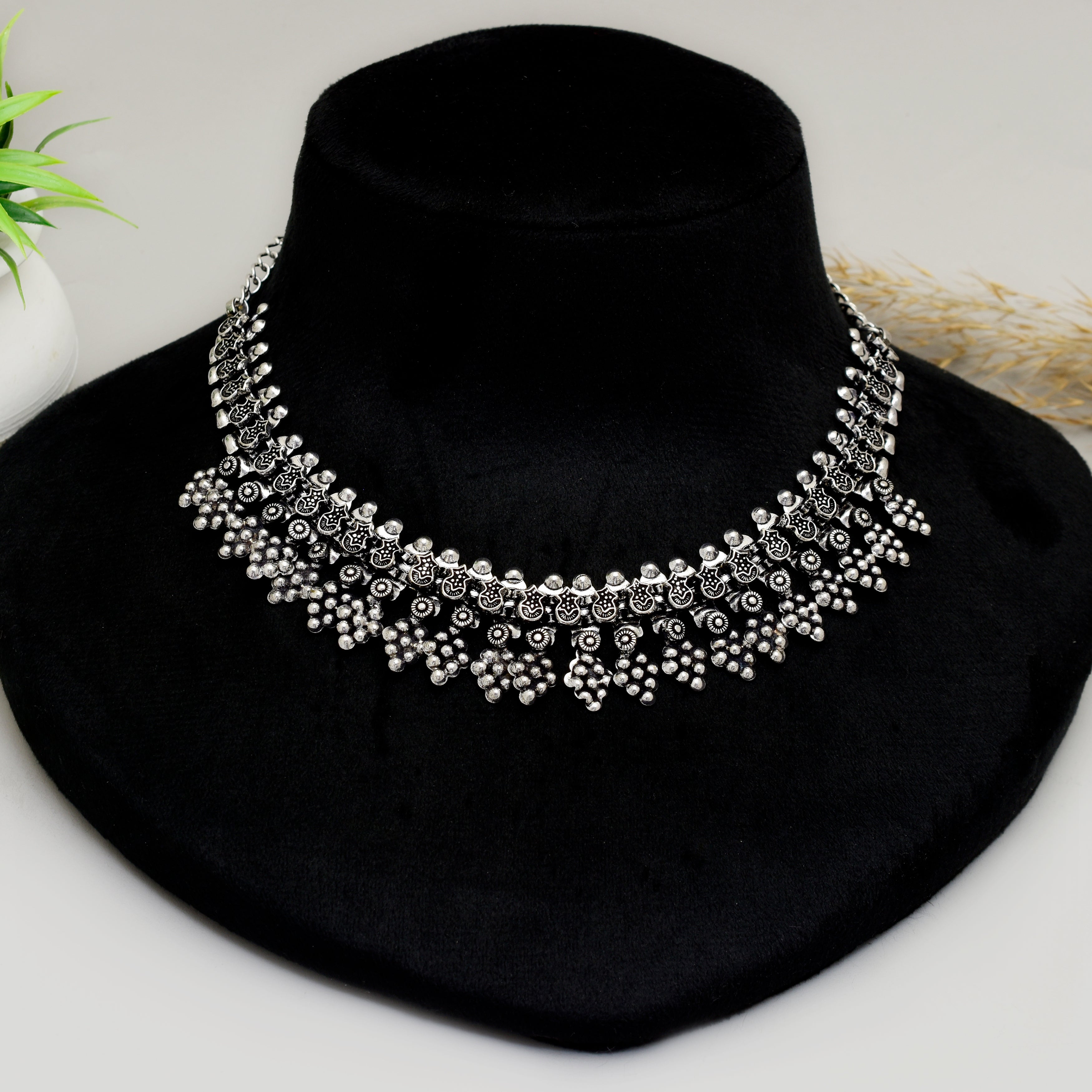 Handcrafted Silver Oxidised Ethnic Choker Necklace with Intricate Floral Motifs and Antique Finish for Women