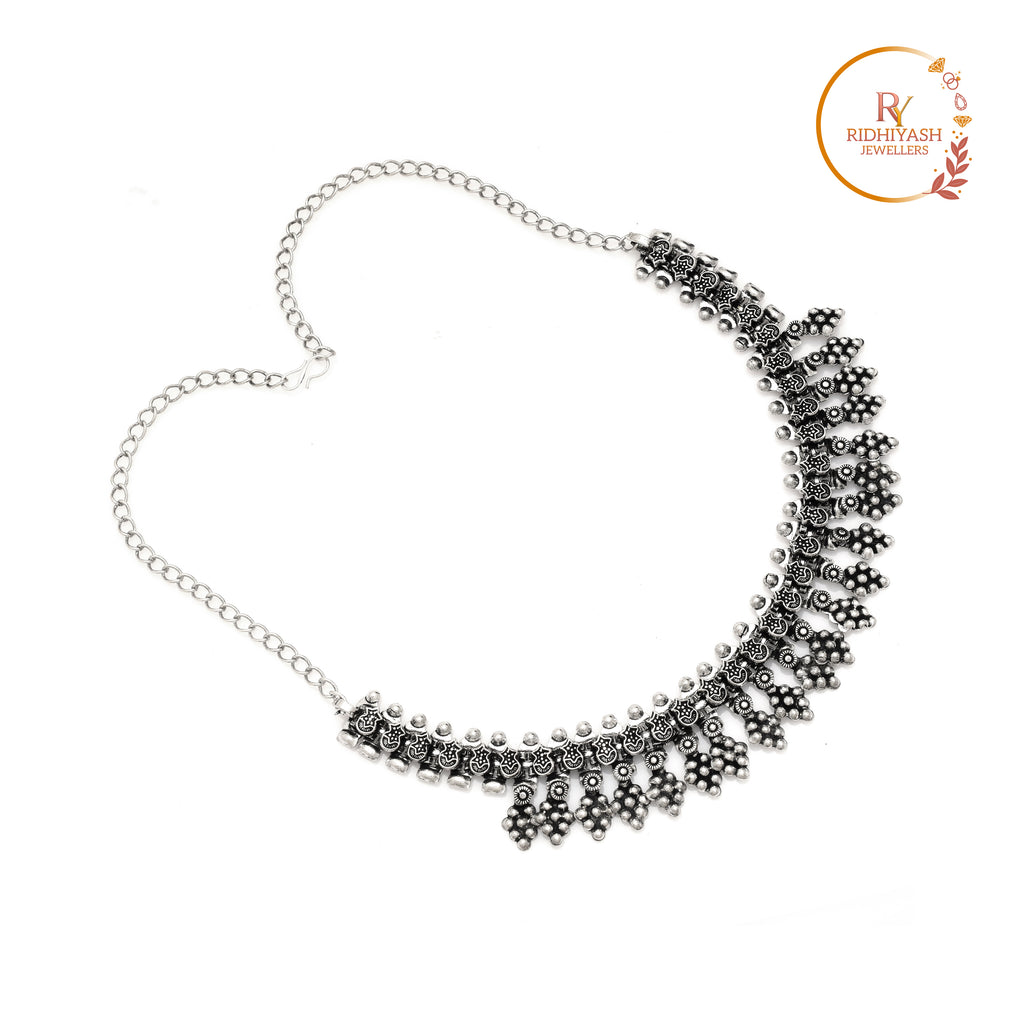 Handcrafted Silver Oxidised Ethnic Choker Necklace with Intricate Floral Motifs and Antique Finish for Women