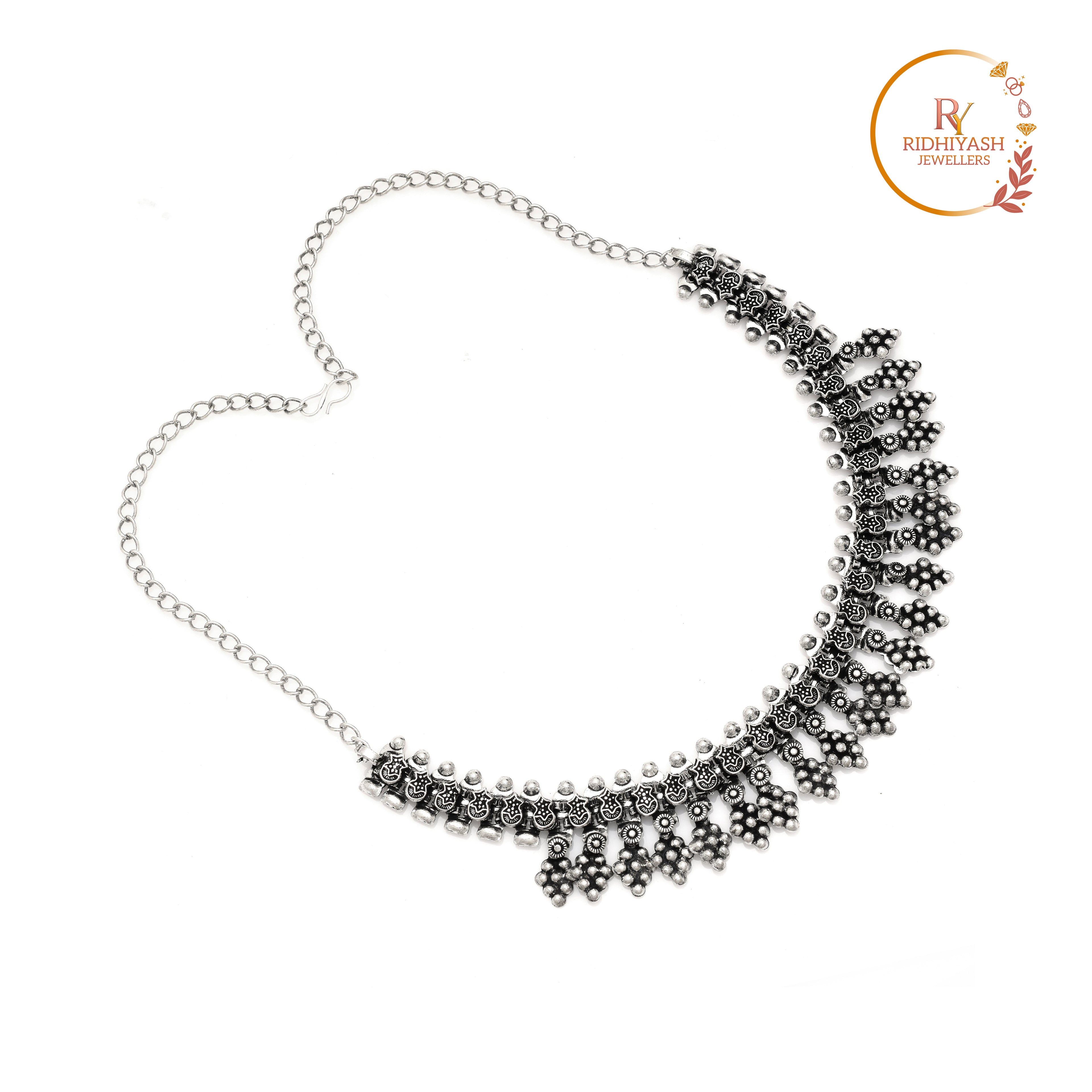 Handcrafted Silver Oxidised Ethnic Choker Necklace with Intricate Floral Motifs and Antique Finish for Women
