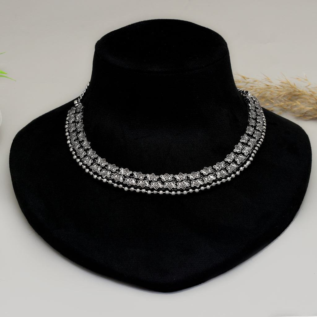 Handcrafted Tribal Silver Oxidised Choker Necklace with Intricate Triple-Row Paisley (Ambi) Motifs and Adjustable Back Chain