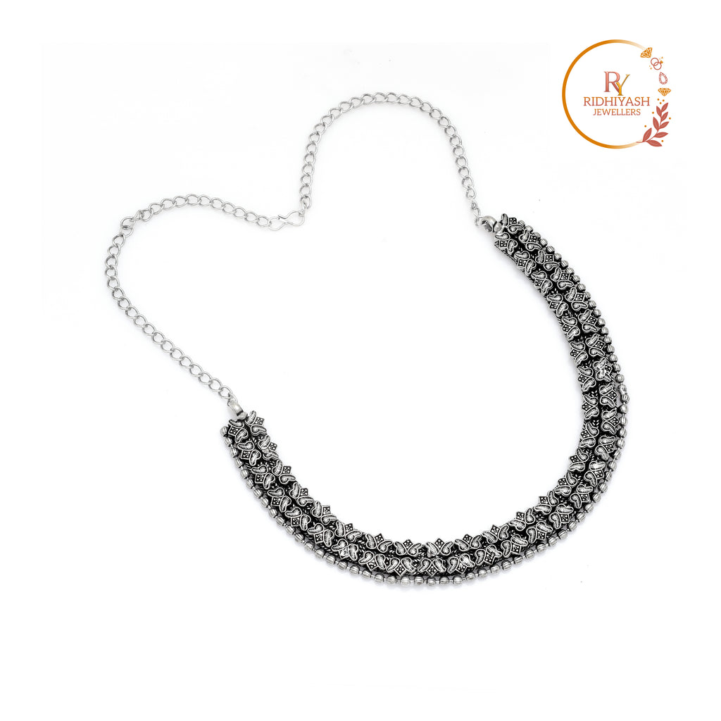 Handcrafted Tribal Silver Oxidised Choker Necklace with Intricate Triple-Row Paisley (Ambi) Motifs and Adjustable Back Chain
