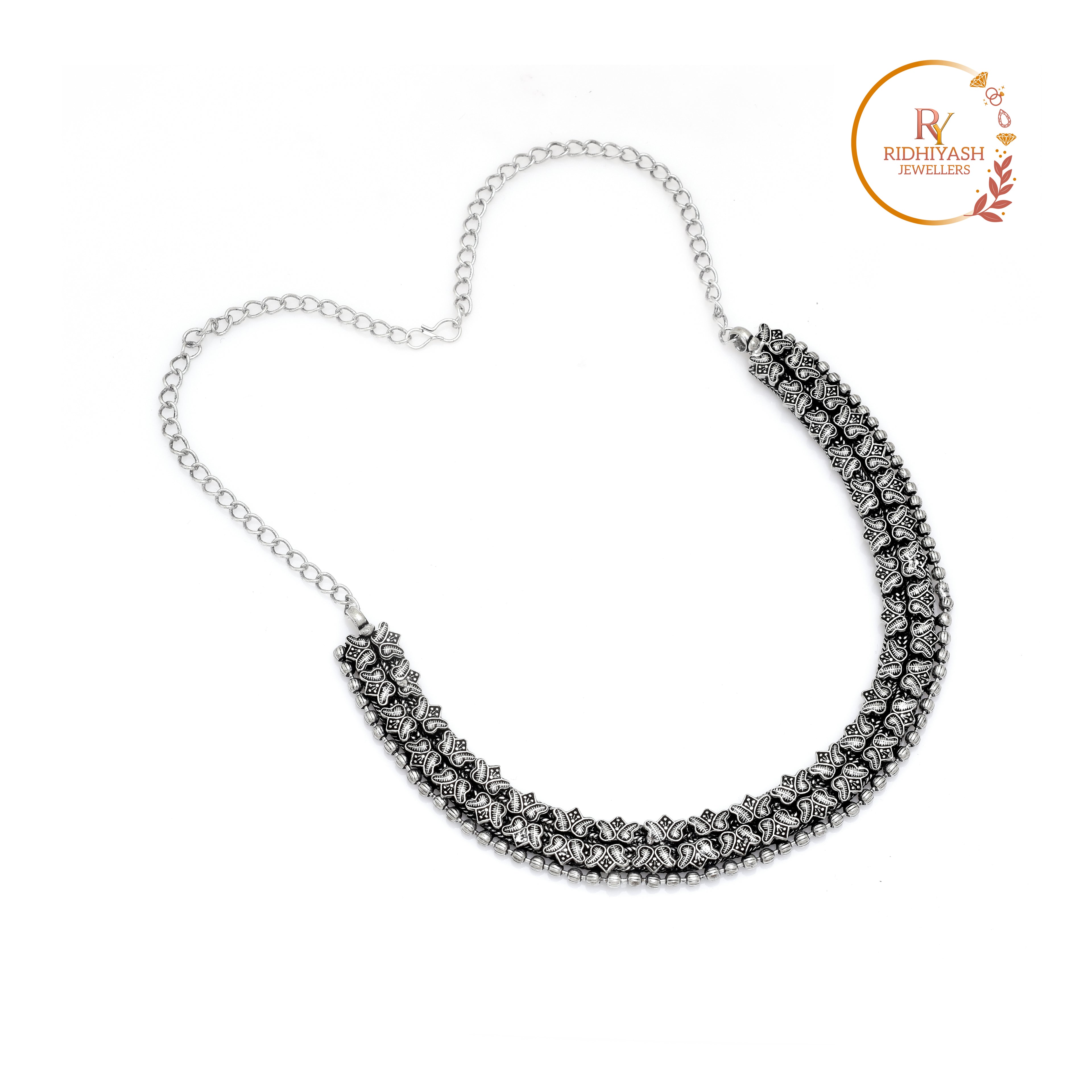 Handcrafted Tribal Silver Oxidised Choker Necklace with Intricate Triple-Row Paisley (Ambi) Motifs and Adjustable Back Chain