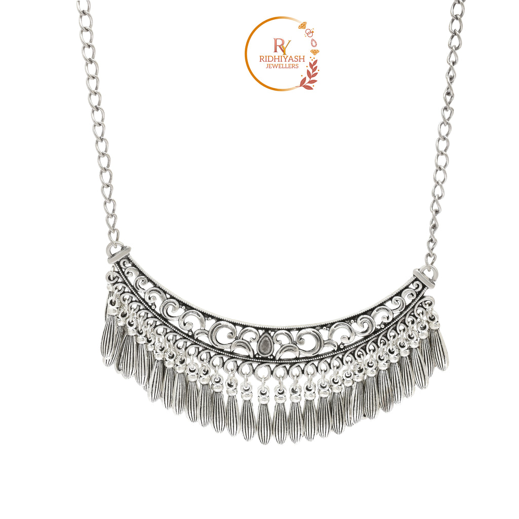 Handcrafted Silver Oxidised Tribal Crescent Bib Choker Necklace with Intricate Geometric Filigree Cut-outs and Textured Feathered Tasselled Drop Hangings for Women and Girls