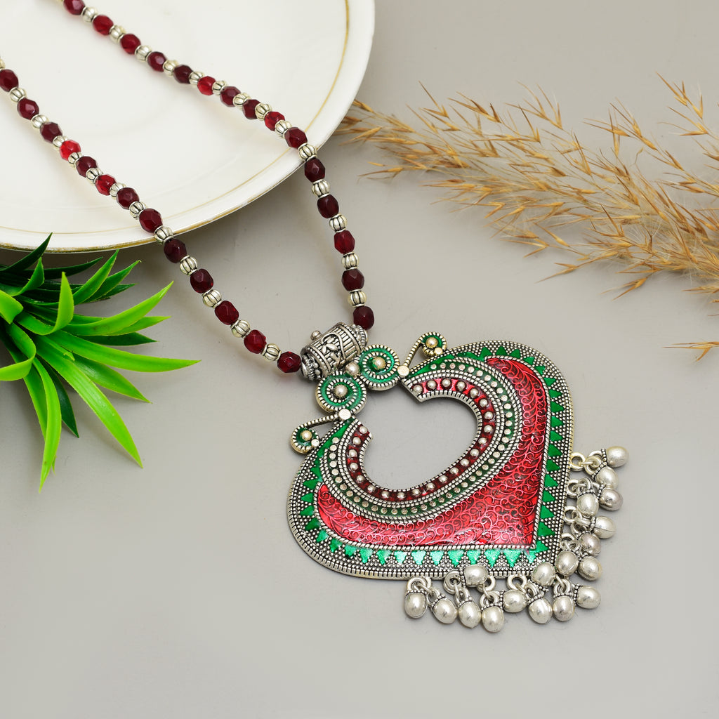 Exquisite Handcrafted Oxidised Silver Heart Pendant Necklace with Red & Green Meenakari Work and Beaded Chain