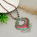 Exquisite Handcrafted Oxidised Silver Heart Pendant Necklace with Red & Green Meenakari Work and Beaded Chain