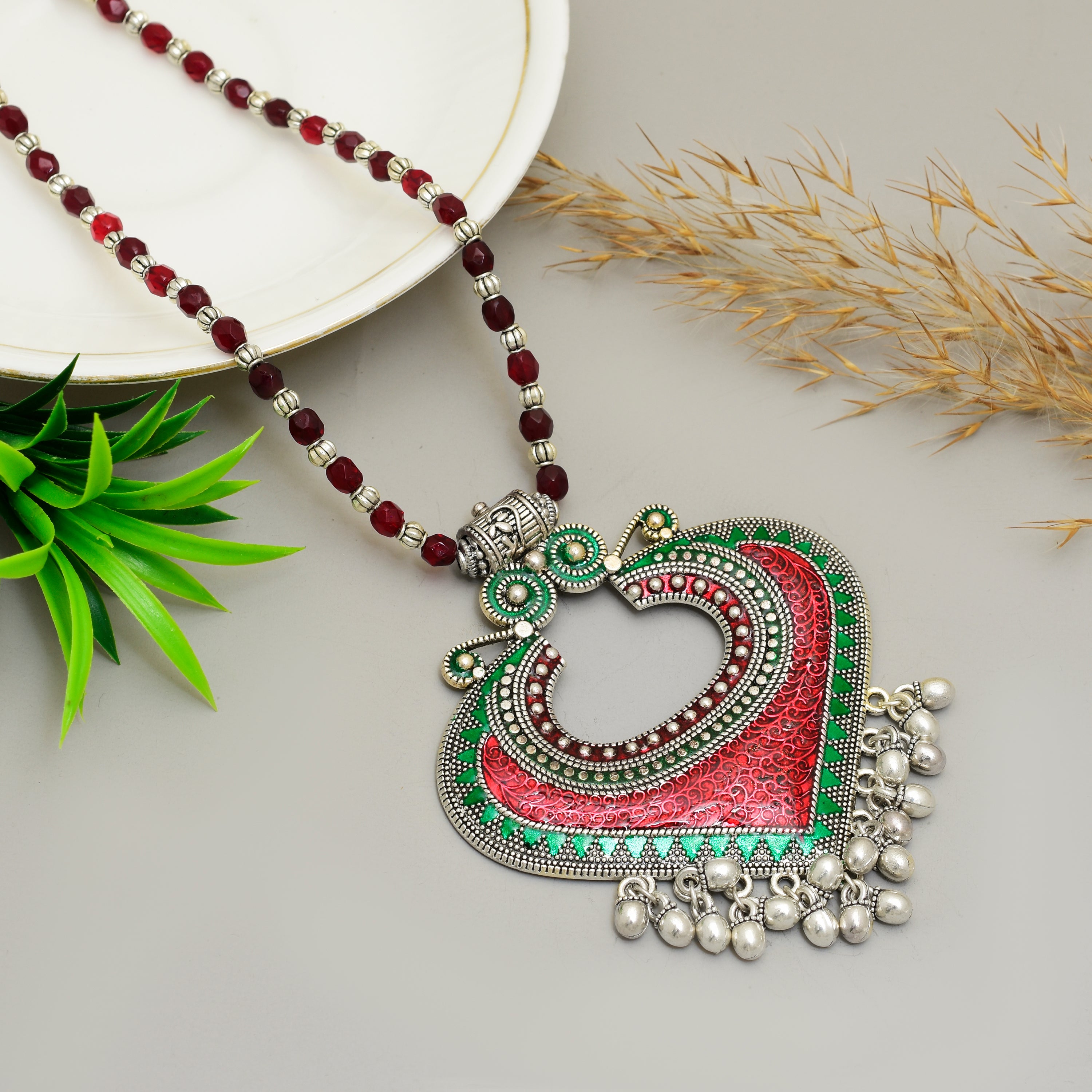 Exquisite Handcrafted Oxidised Silver Heart Pendant Necklace with Red & Green Meenakari Work and Beaded Chain