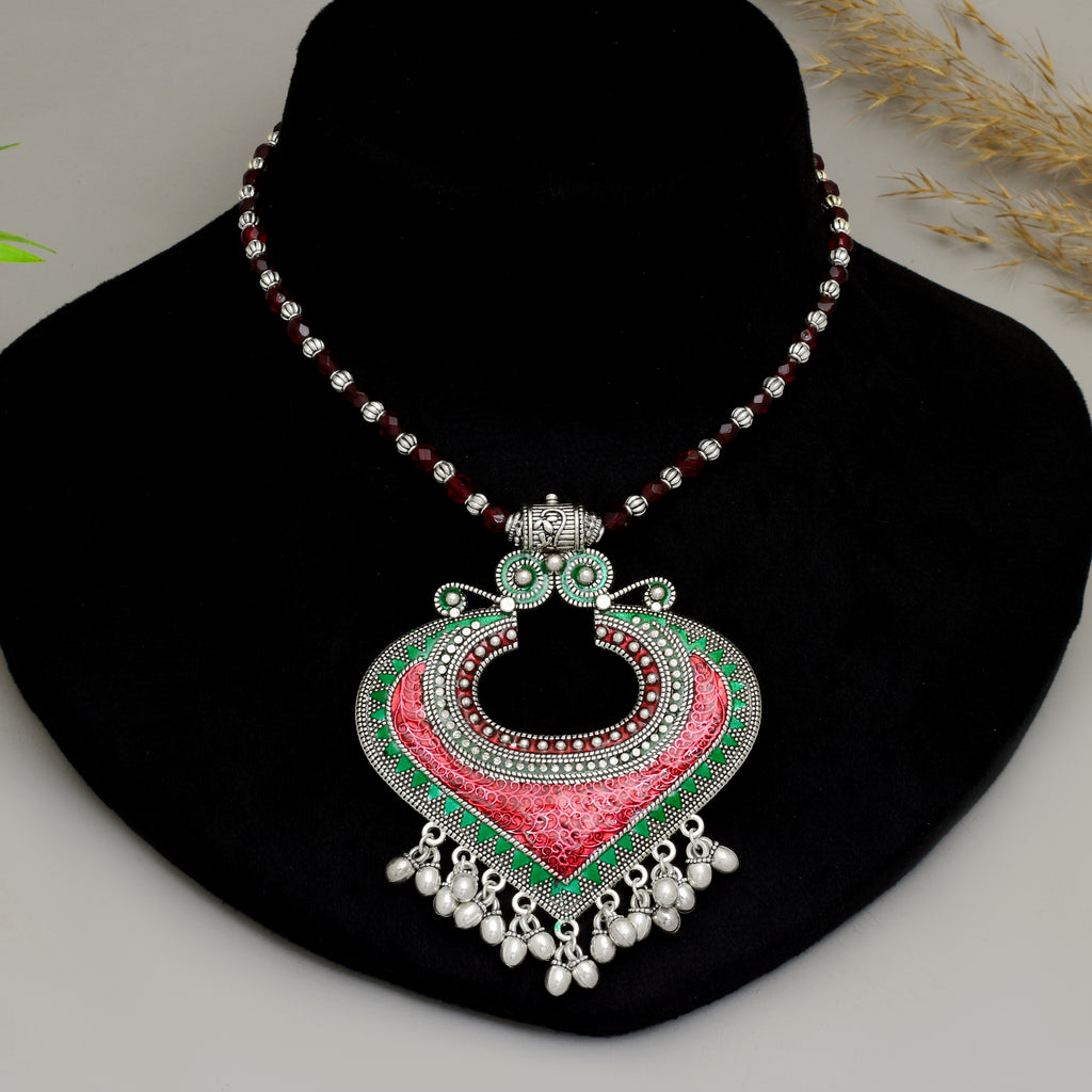 Exquisite Handcrafted Oxidised Silver Heart Pendant Necklace with Red & Green Meenakari Work and Beaded Chain