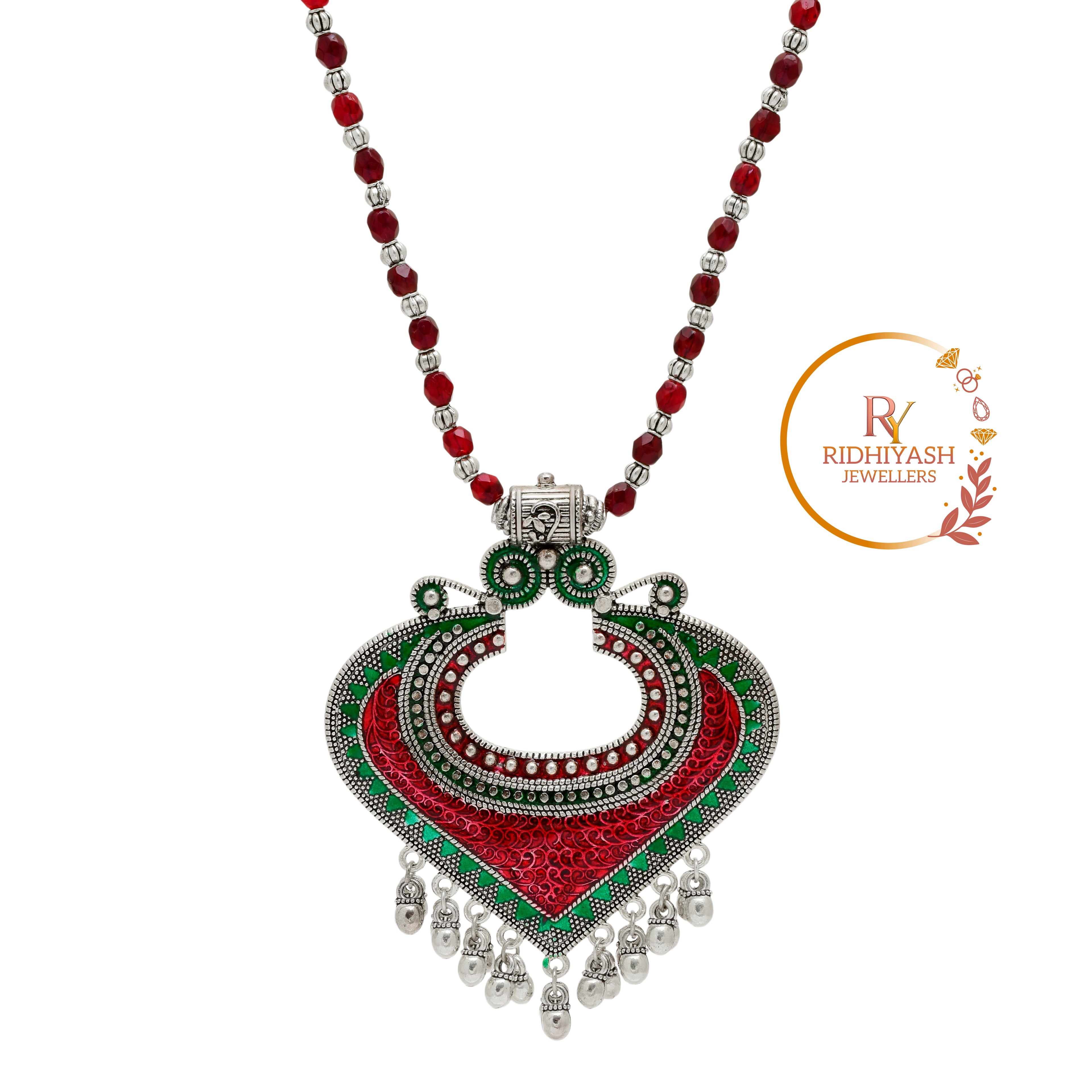 Exquisite Handcrafted Oxidised Silver Heart Pendant Necklace with Red & Green Meenakari Work and Beaded Chain