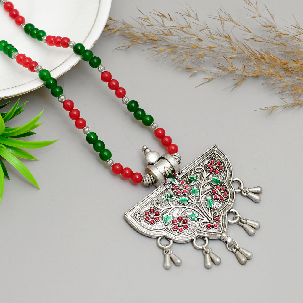 Exquisite Handcrafted Oxidized Silver Crescent Pendant Necklace with Red & Green Meenakari Floral Work and Beaded Chain