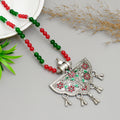 Exquisite Handcrafted Oxidized Silver Crescent Pendant Necklace with Red & Green Meenakari Floral Work and Beaded Chain