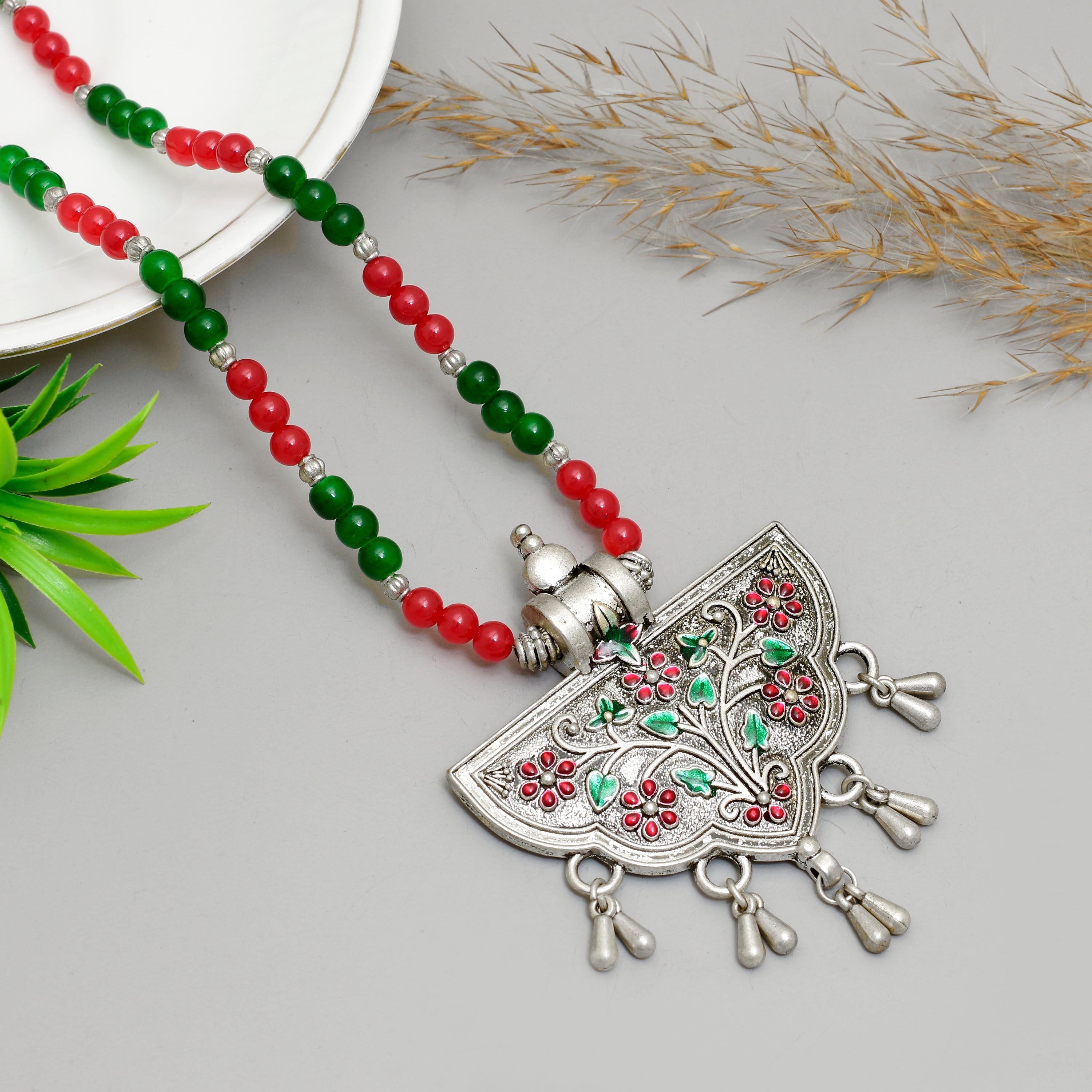 Exquisite Handcrafted Oxidized Silver Crescent Pendant Necklace with Red & Green Meenakari Floral Work and Beaded Chain