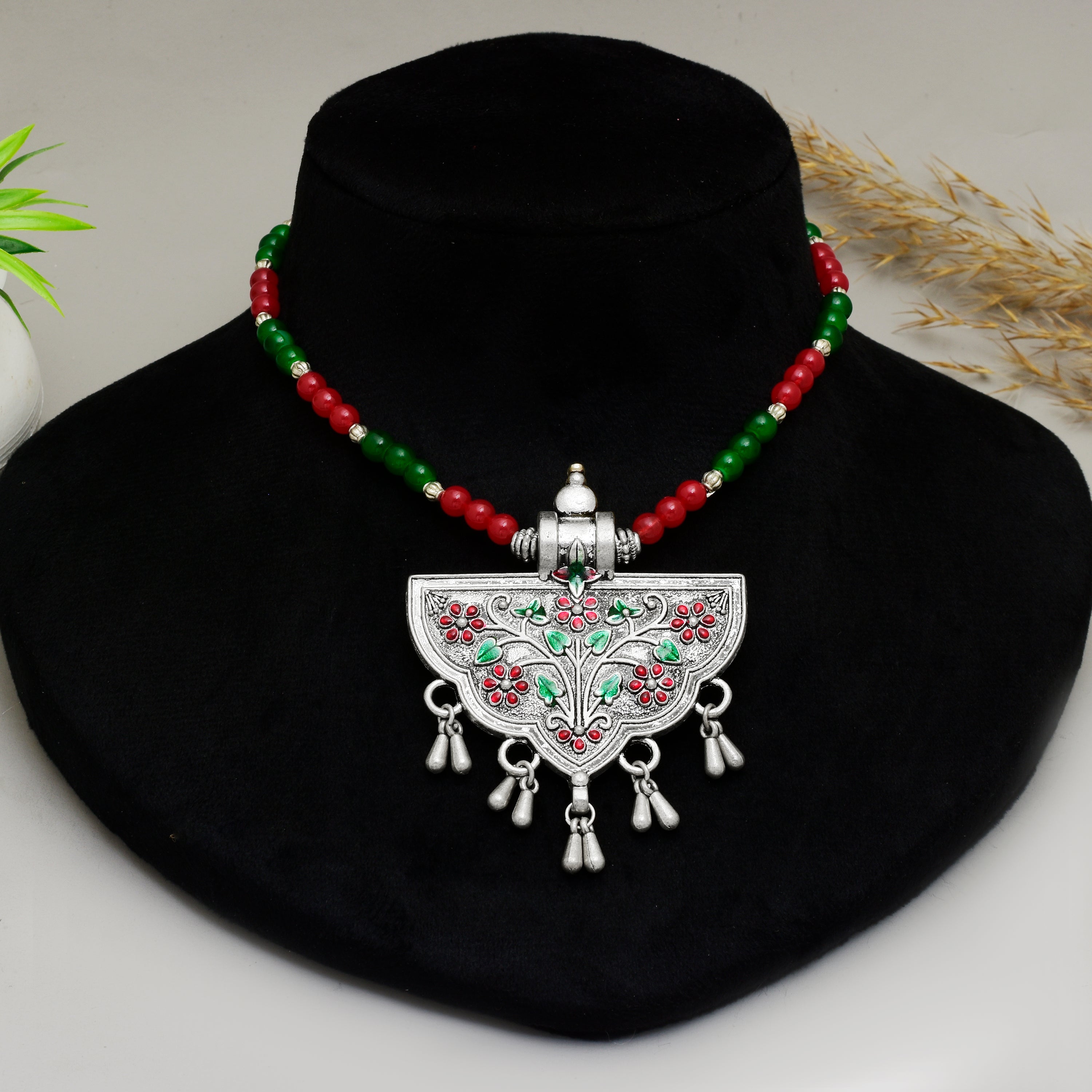 Exquisite Handcrafted Oxidized Silver Crescent Pendant Necklace with Red & Green Meenakari Floral Work and Beaded Chain