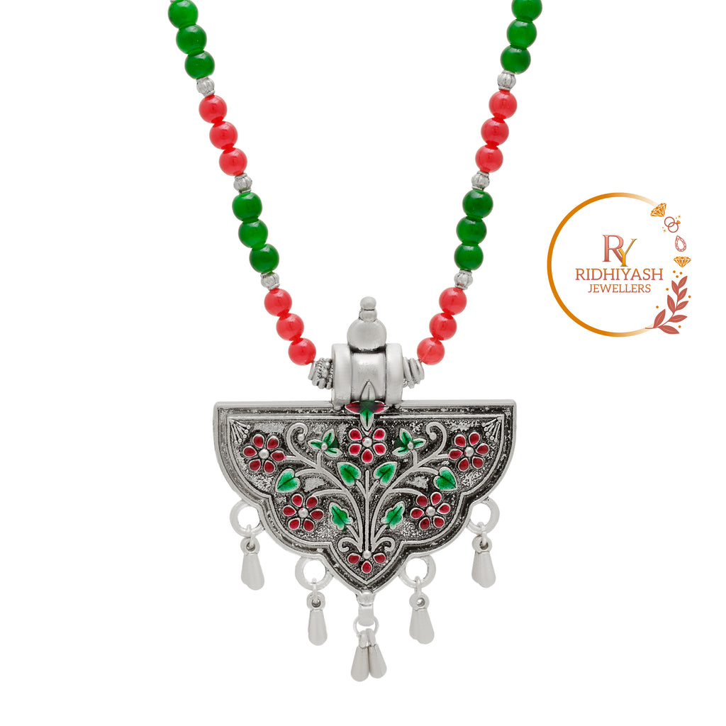 Exquisite Handcrafted Oxidized Silver Crescent Pendant Necklace with Red & Green Meenakari Floral Work and Beaded Chain
