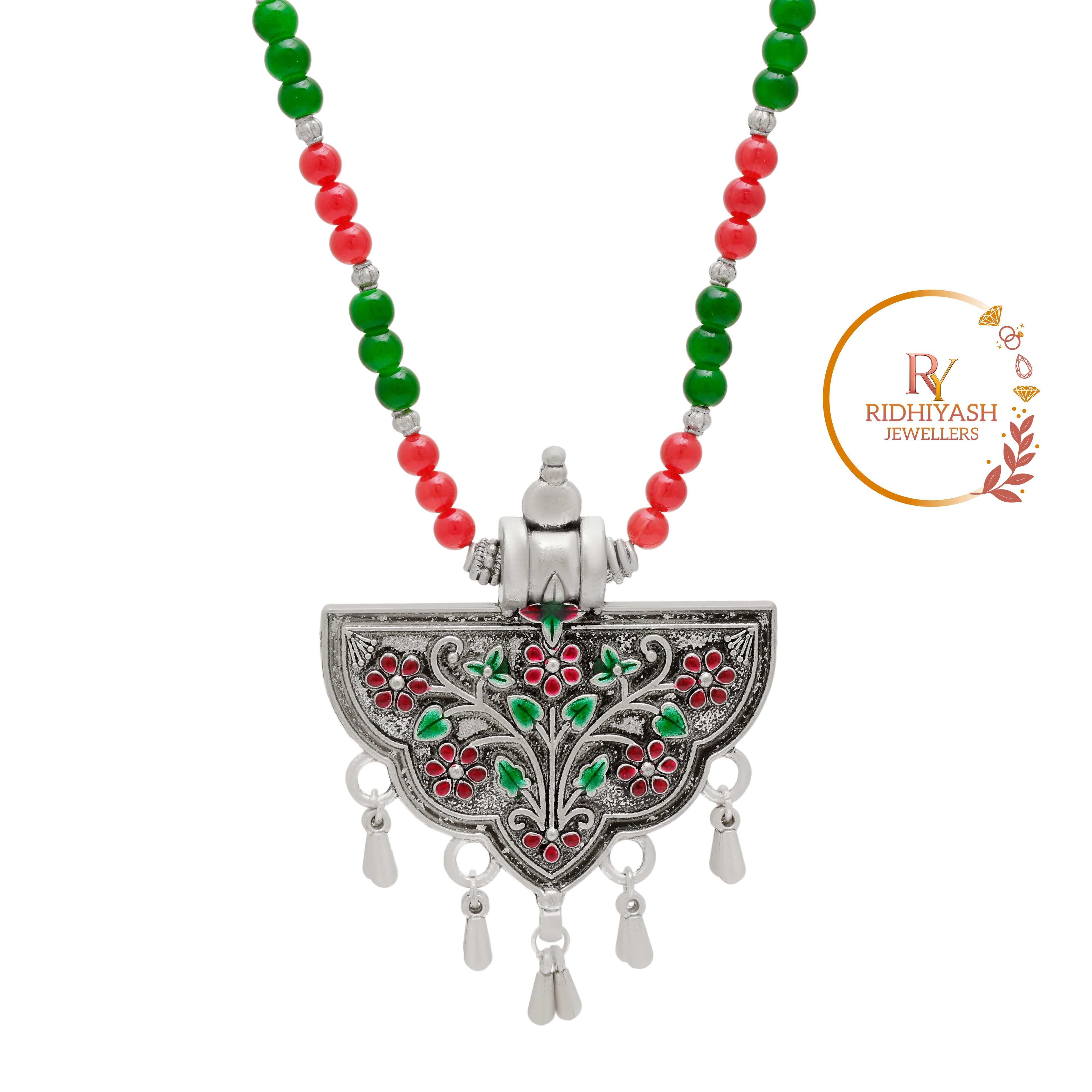 Exquisite Handcrafted Oxidized Silver Crescent Pendant Necklace with Red & Green Meenakari Floral Work and Beaded Chain