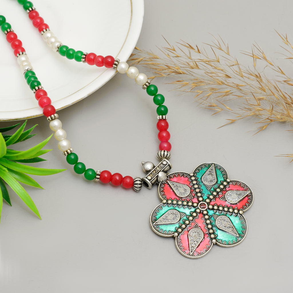Exquisite Handcrafted Oxidized Silver Flower Pendant Necklace with Red & Green Meenakari Enamel and Beaded Pearl Chain