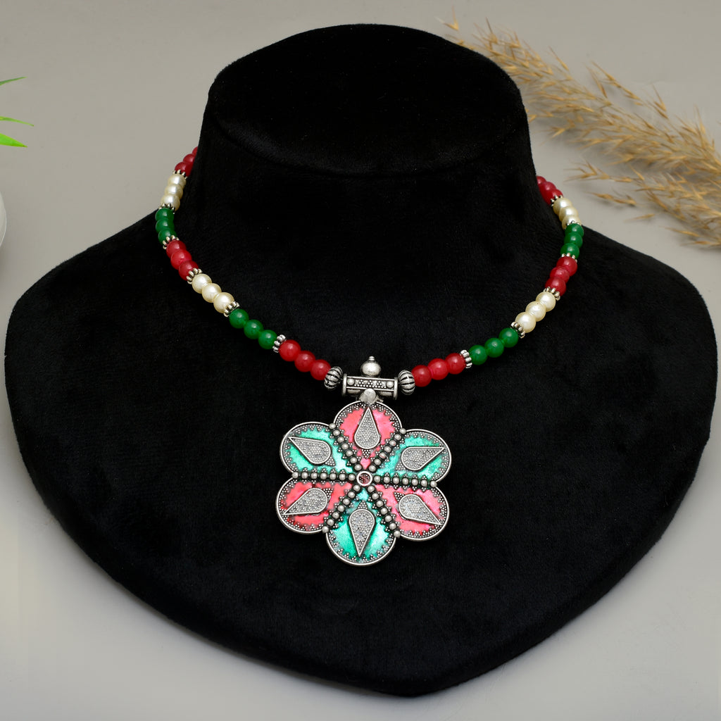 Exquisite Handcrafted Oxidized Silver Flower Pendant Necklace with Red & Green Meenakari Enamel and Beaded Pearl Chain