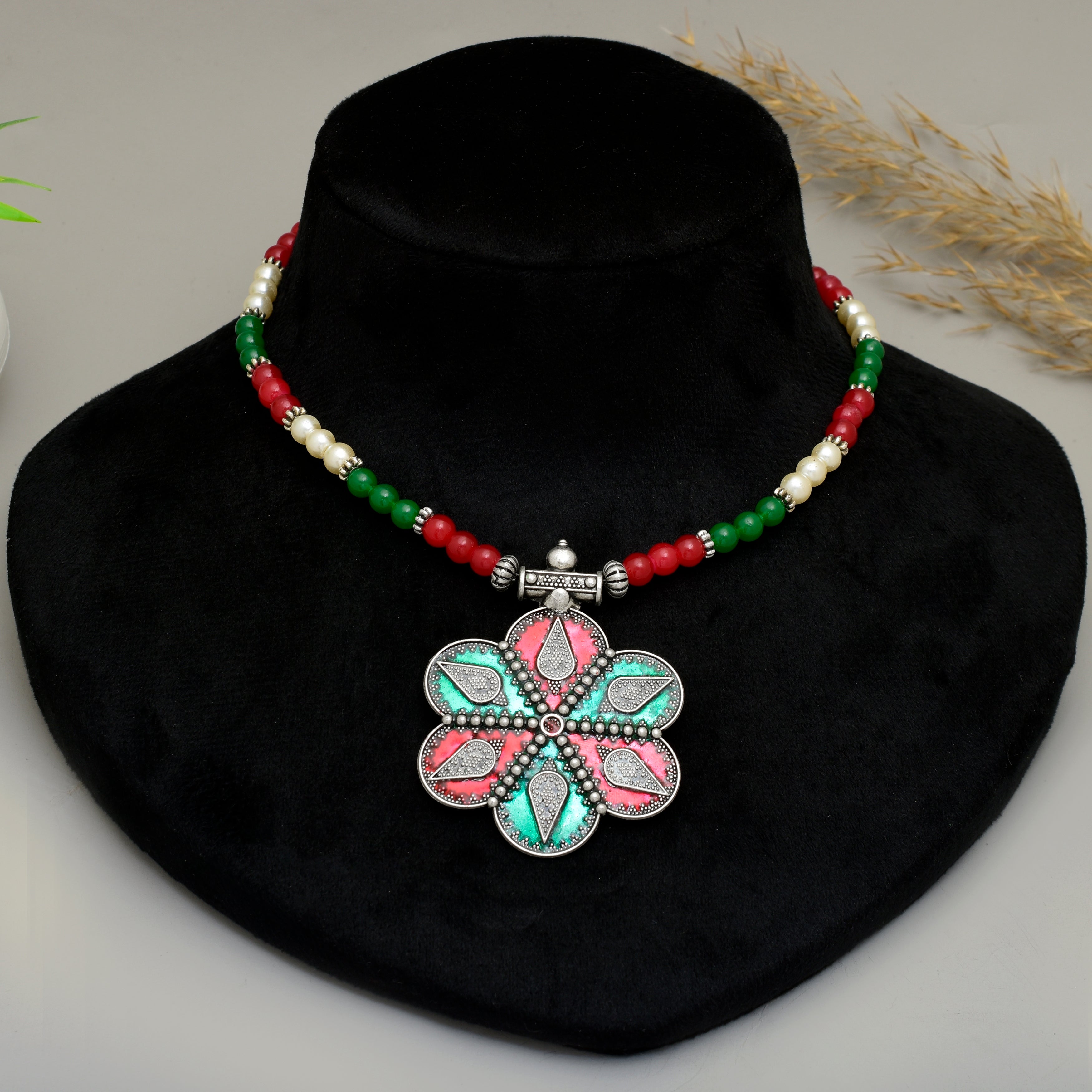 Exquisite Handcrafted Oxidized Silver Flower Pendant Necklace with Red & Green Meenakari Enamel and Beaded Pearl Chain