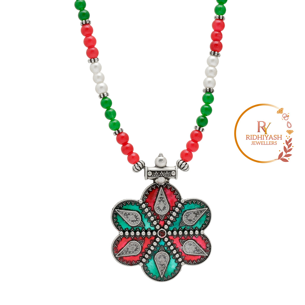 Exquisite Handcrafted Oxidized Silver Flower Pendant Necklace with Red & Green Meenakari Enamel and Beaded Pearl Chain