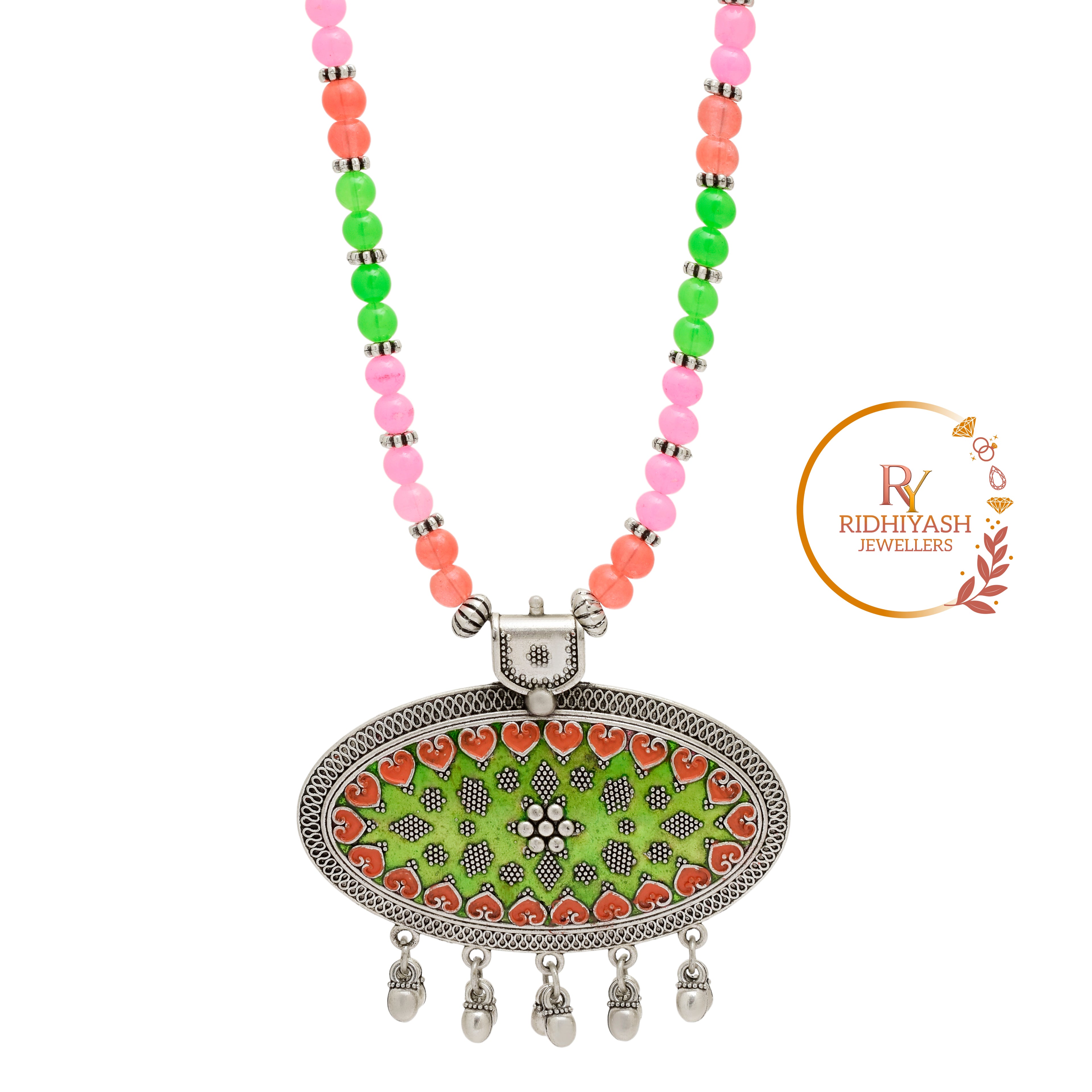 Green Brass Oval Shape Pendant Handmade Necklace for Women